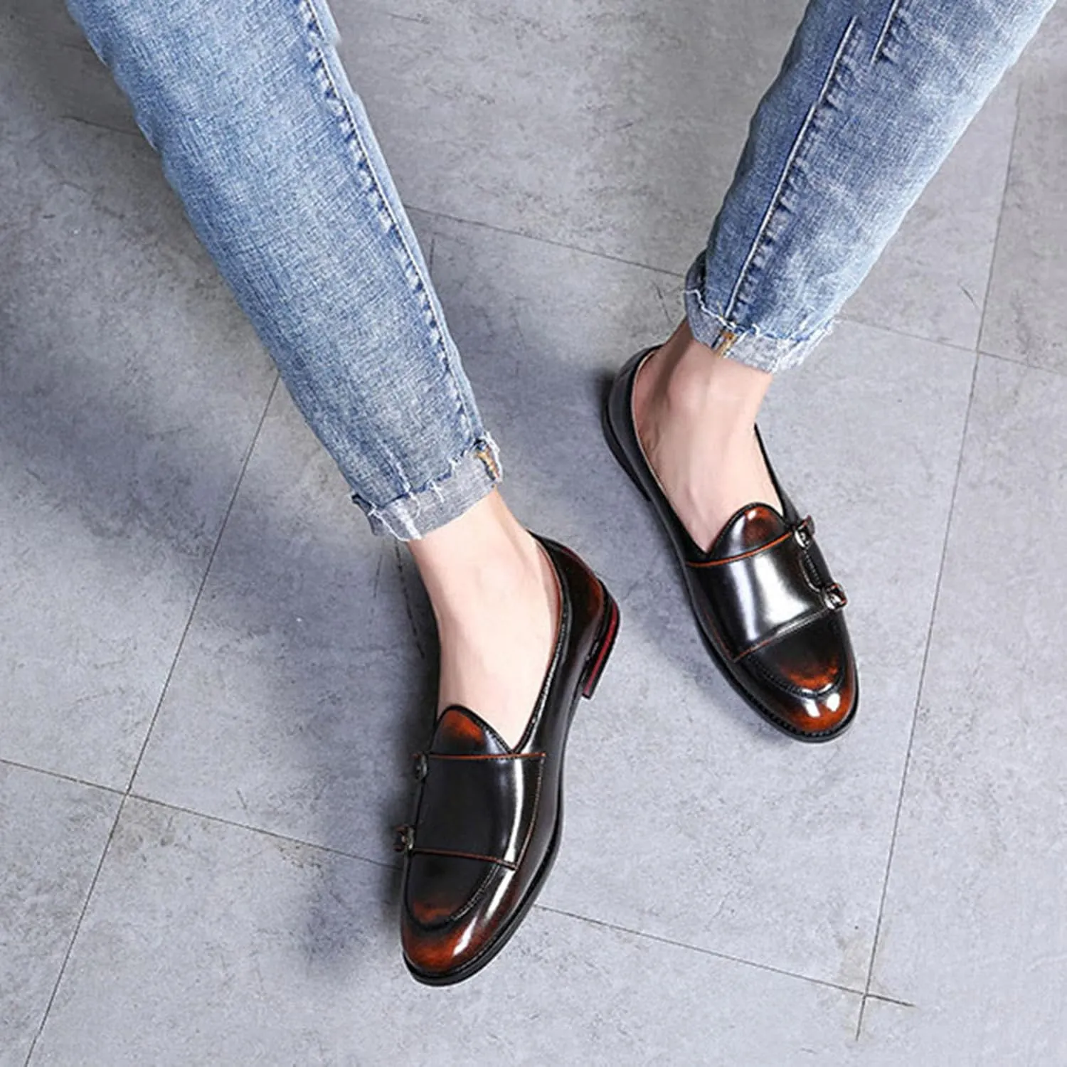ByErz Men's Slip-On Leather Penny Loafers with Double Buckle Classic Dress Driving Casual Fashion Shoes