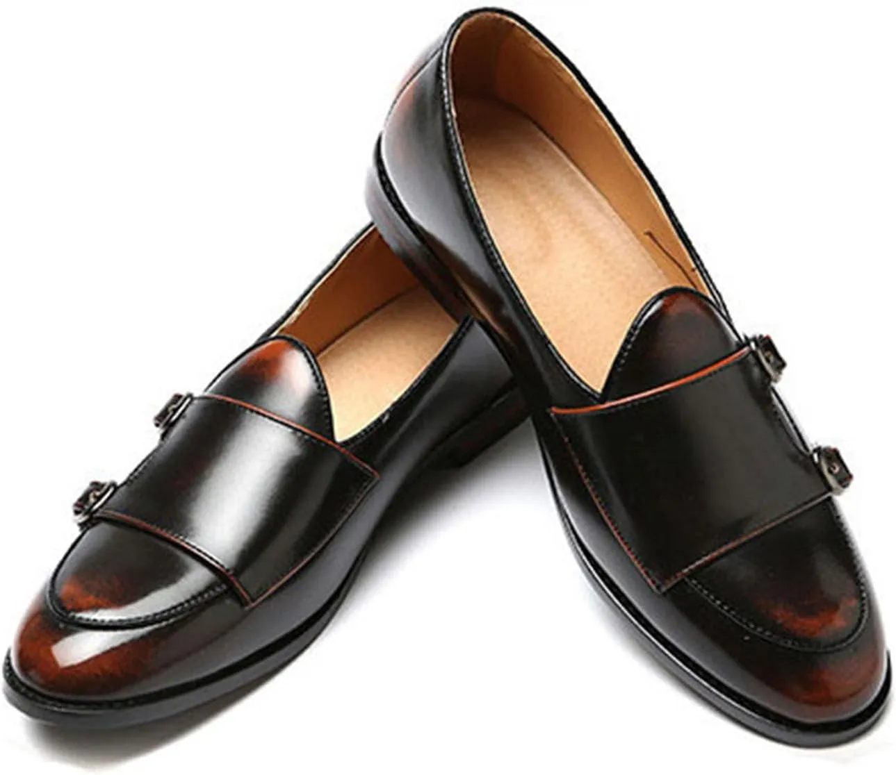 ByErz Men's Slip-On Leather Penny Loafers with Double Buckle Classic Dress Driving Casual Fashion Shoes
