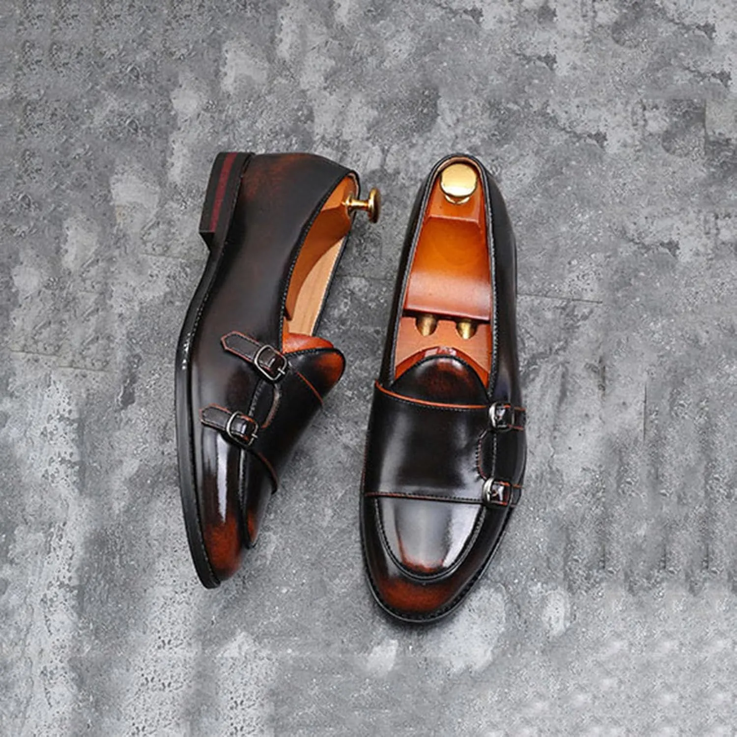 ByErz Men's Slip-On Leather Penny Loafers with Double Buckle Classic Dress Driving Casual Fashion Shoes