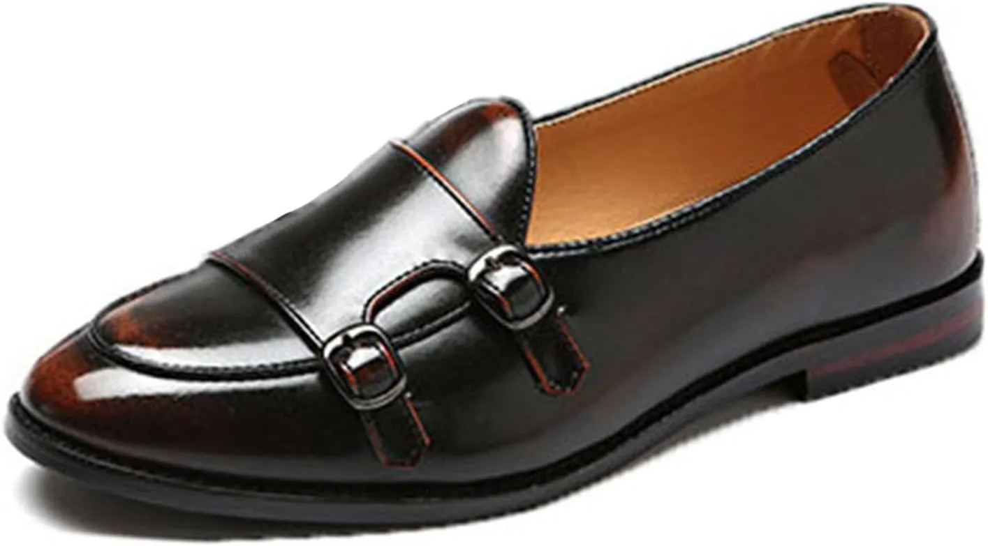 ByErz Men's Slip-On Leather Penny Loafers with Double Buckle Classic Dress Driving Casual Fashion Shoes