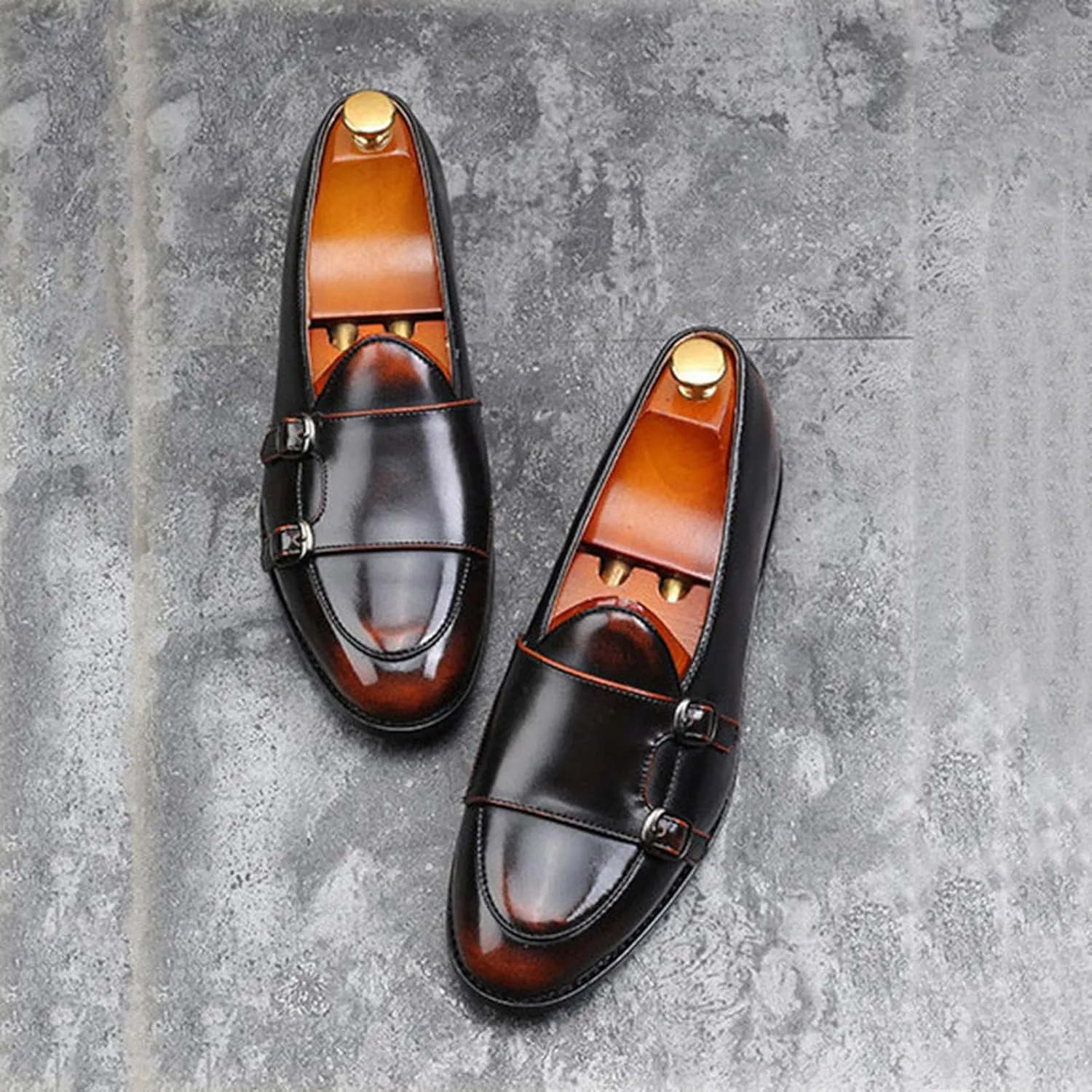 ByErz Men's Slip-On Leather Penny Loafers with Double Buckle Classic Dress Driving Casual Fashion Shoes