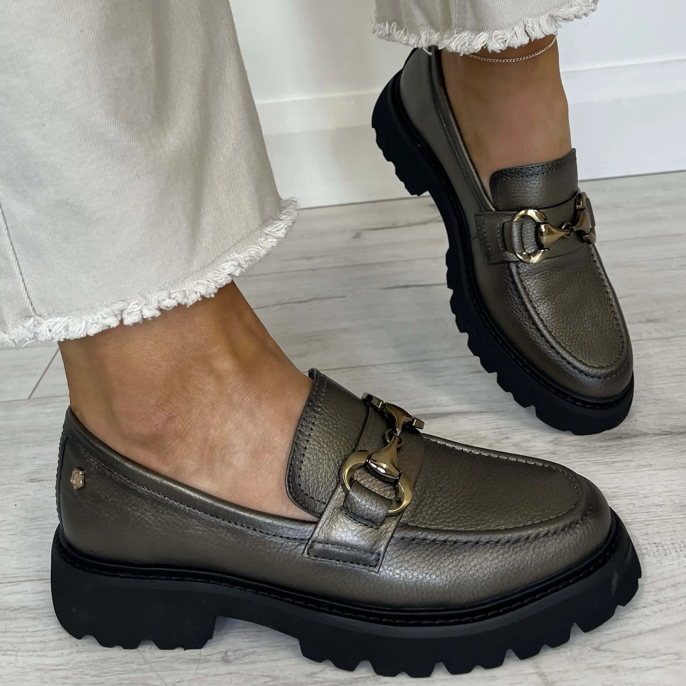 Carmela Pewter Leather Chunky Loafers