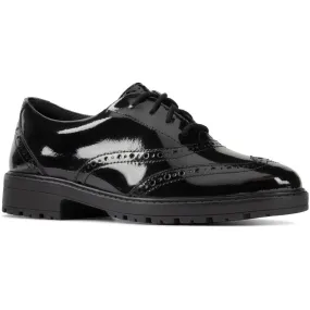 Clarks Girls School Shoe Loxham Brogue Y Black Patent