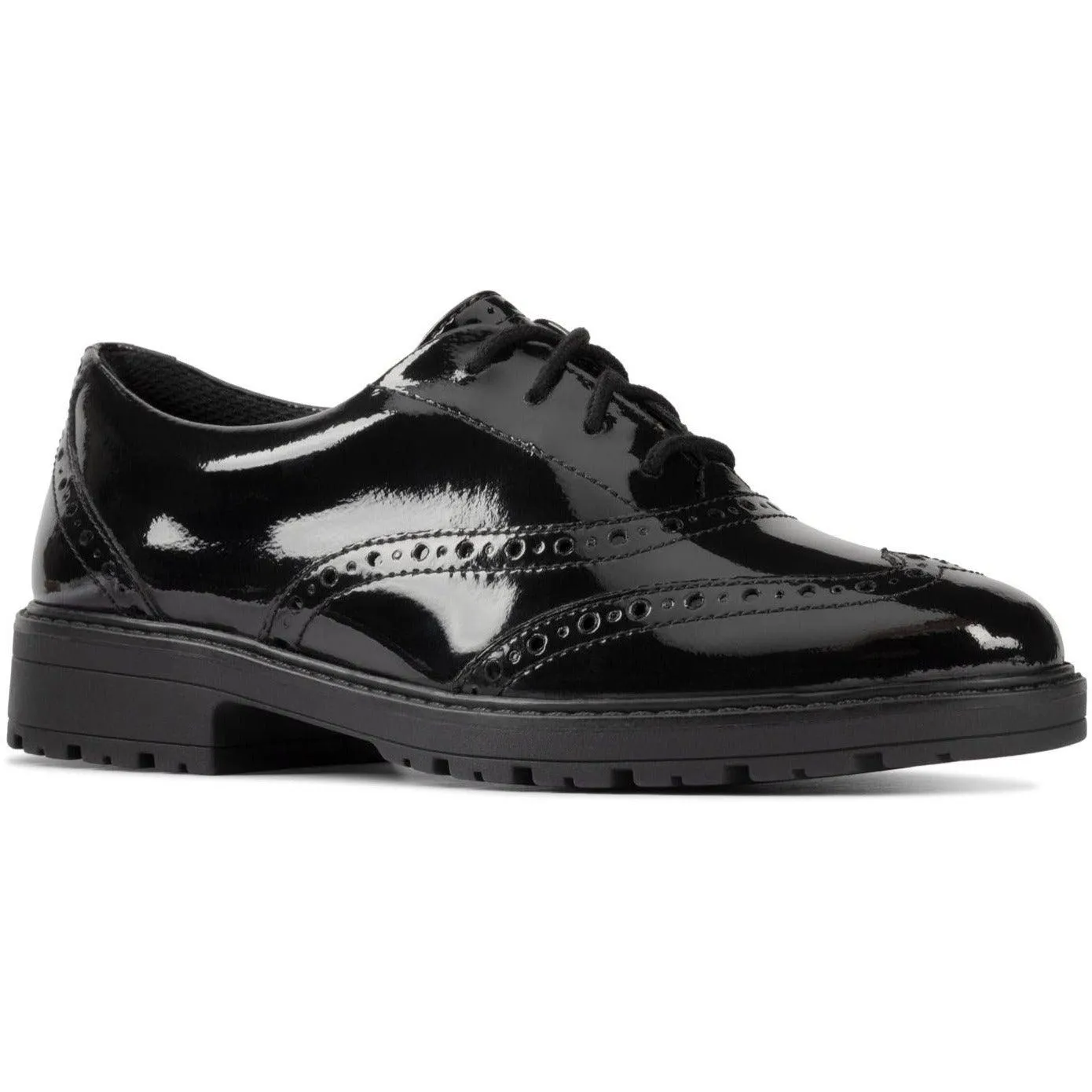 Clarks Girls School Shoe Loxham Brogue Y Black Patent