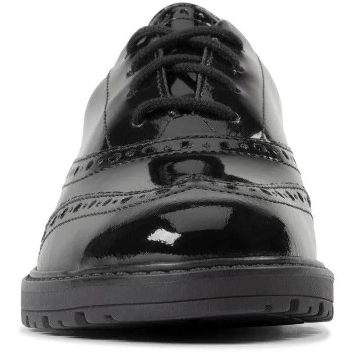 Clarks Girls School Shoe Loxham Brogue Y Black Patent