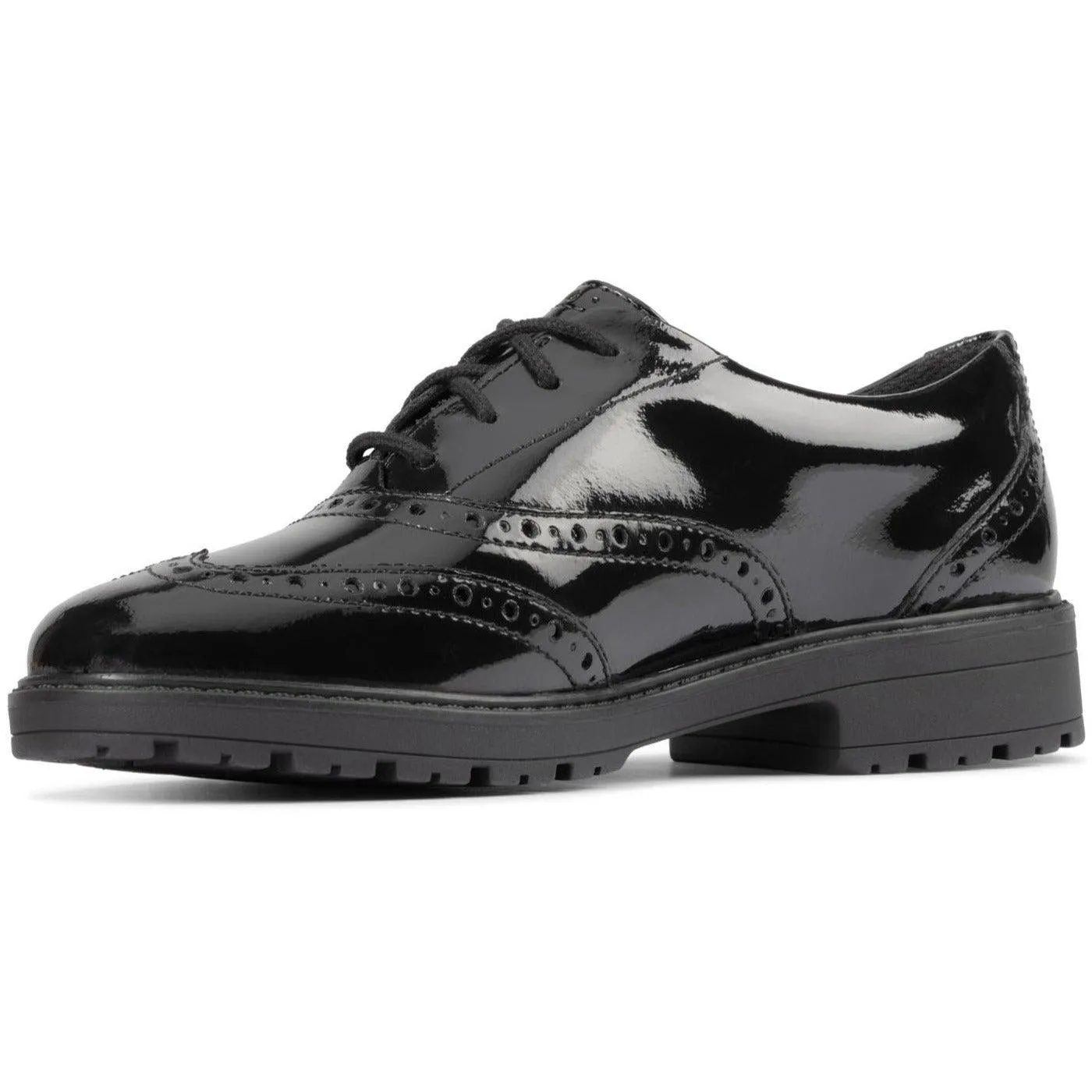 Clarks Girls School Shoe Loxham Brogue Y Black Patent