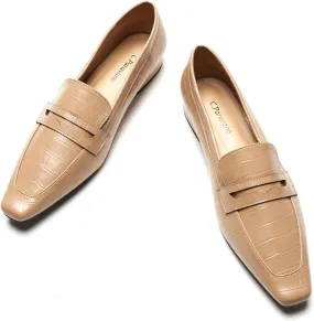 C.Paravano Penny Loafers for Women, Slip-ons Comfortable Dressy Formal Dress Square Toe Flats Loafer Shoes for Business Casual Wear(C-Camel,Size 11)