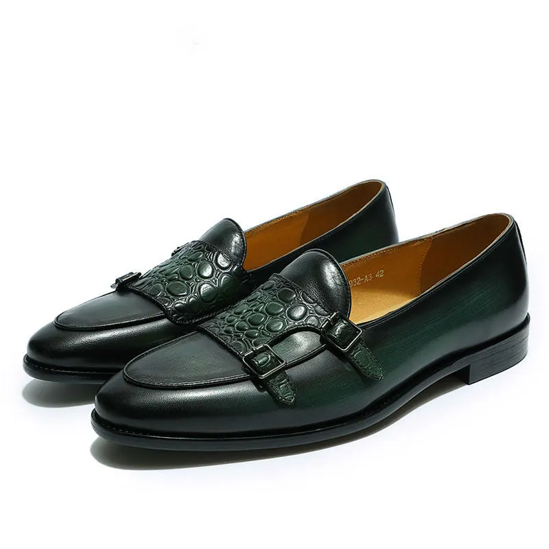 Croco Embossed Closure Double Monk Strap Men Genuine Leather Shoes