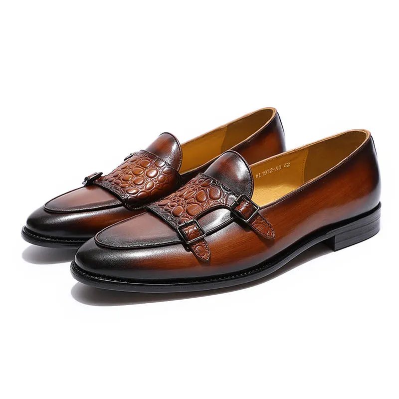 Croco Embossed Closure Double Monk Strap Men Genuine Leather Shoes