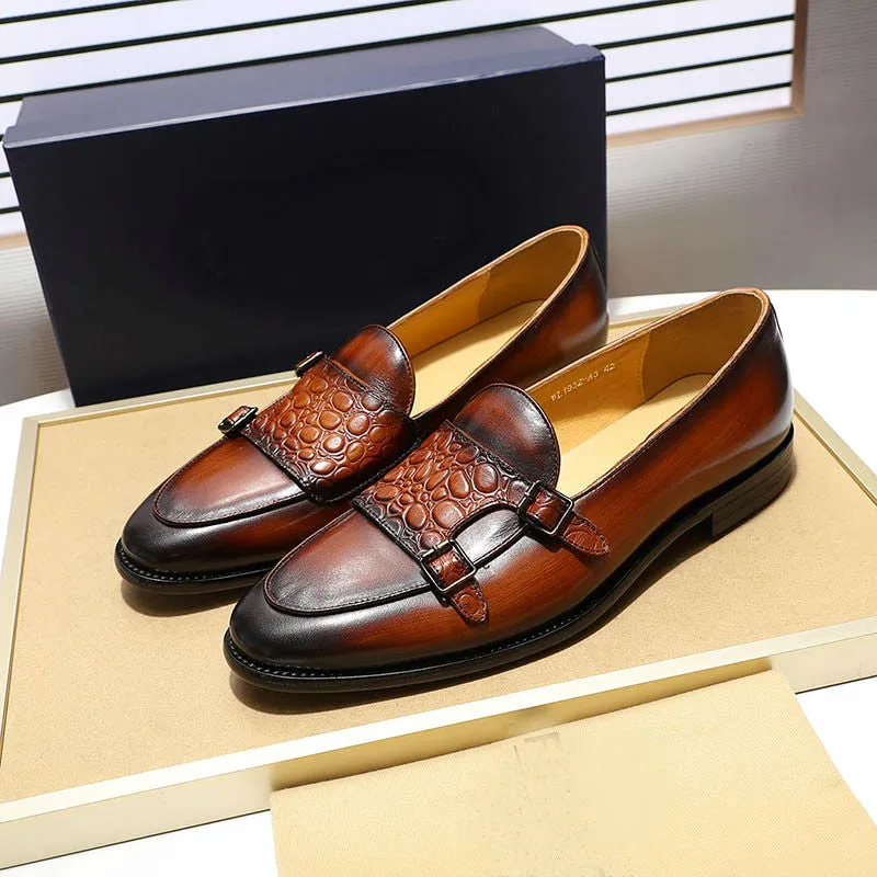 Croco Embossed Closure Double Monk Strap Men Genuine Leather Shoes
