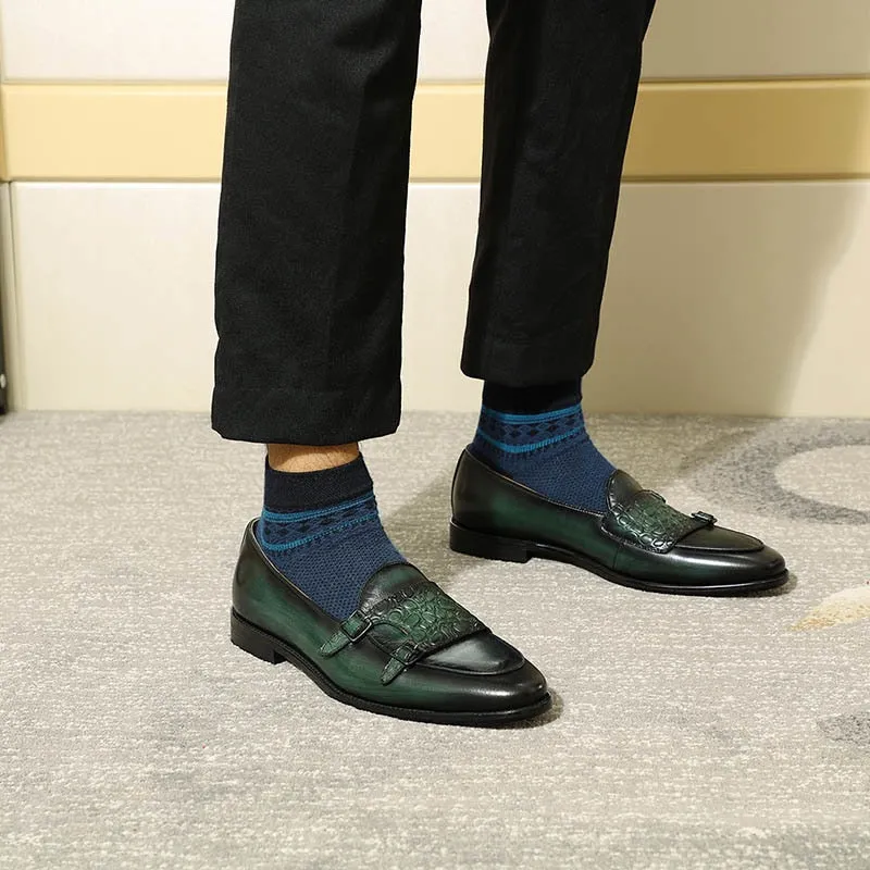 Croco Embossed Closure Double Monk Strap Men Genuine Leather Shoes