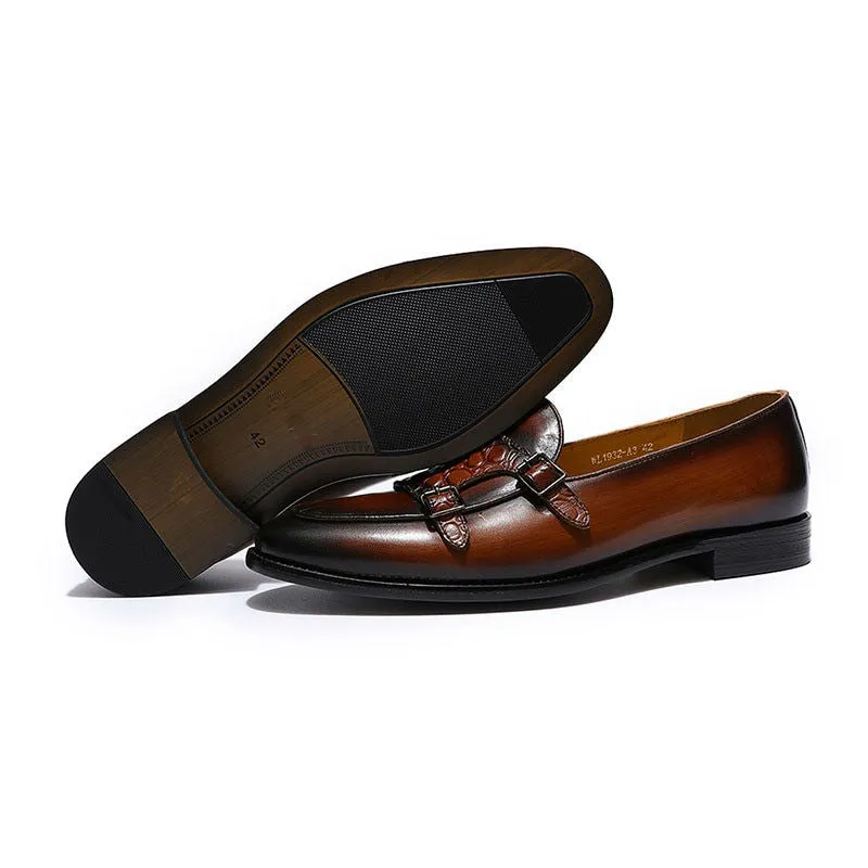 Croco Embossed Closure Double Monk Strap Men Genuine Leather Shoes