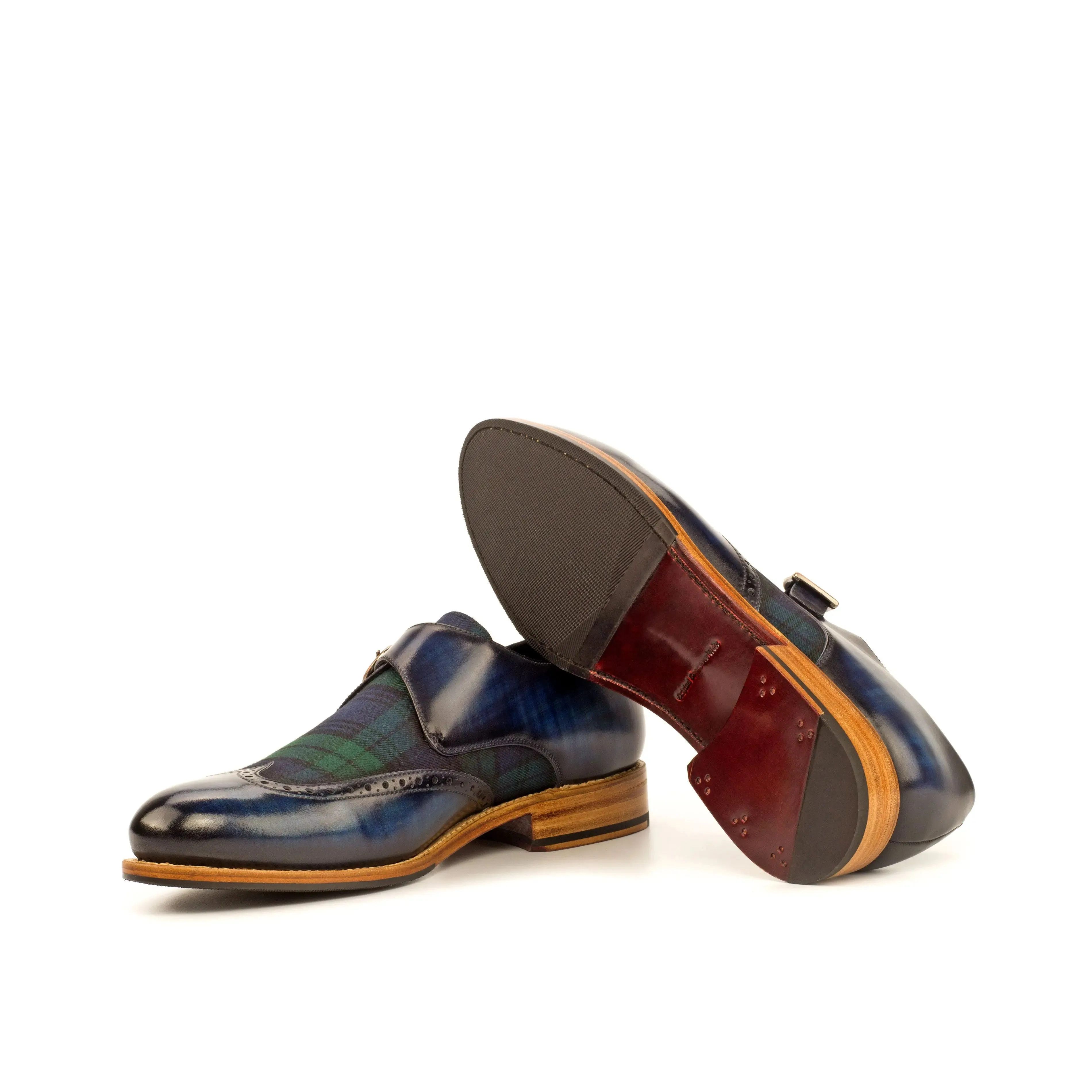 DapperFam Brenno in Blackwatch / Denim Men's Sartorial & Hand-Painted Patina Single Monk