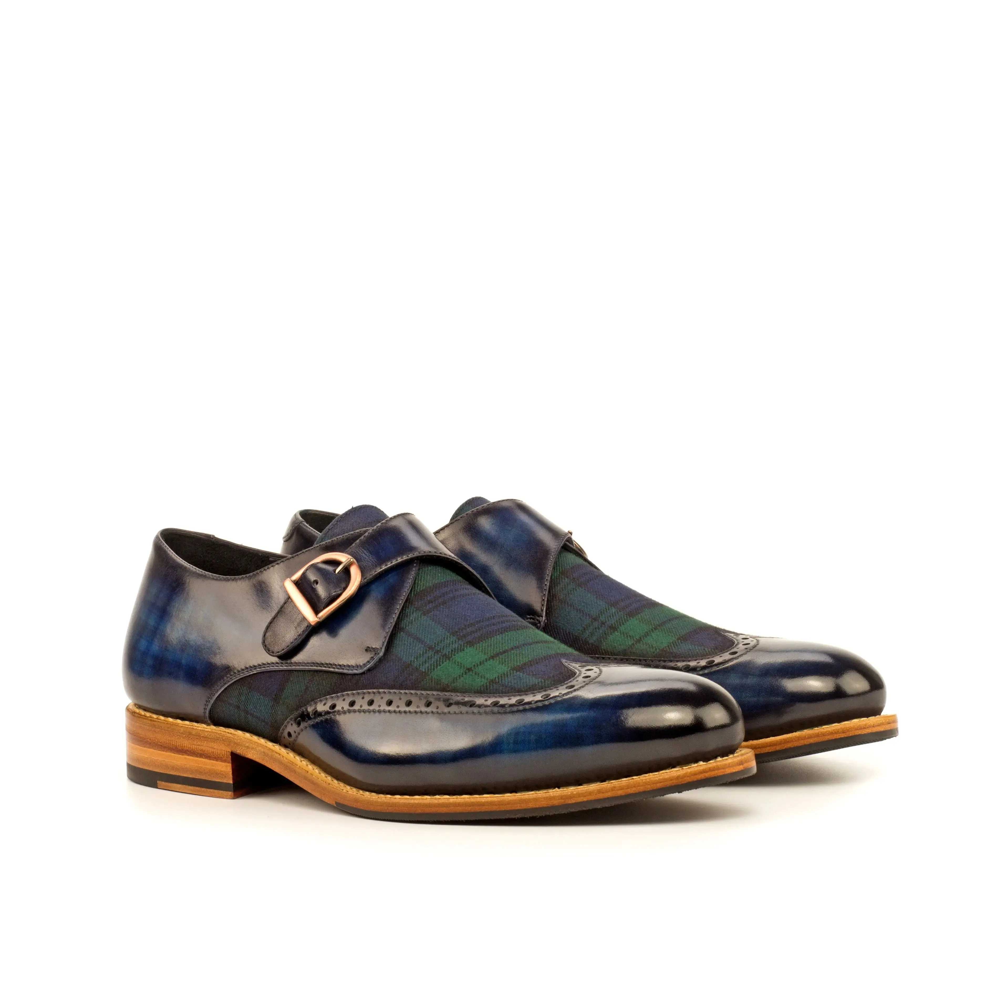 DapperFam Brenno in Blackwatch / Denim Men's Sartorial & Hand-Painted Patina Single Monk