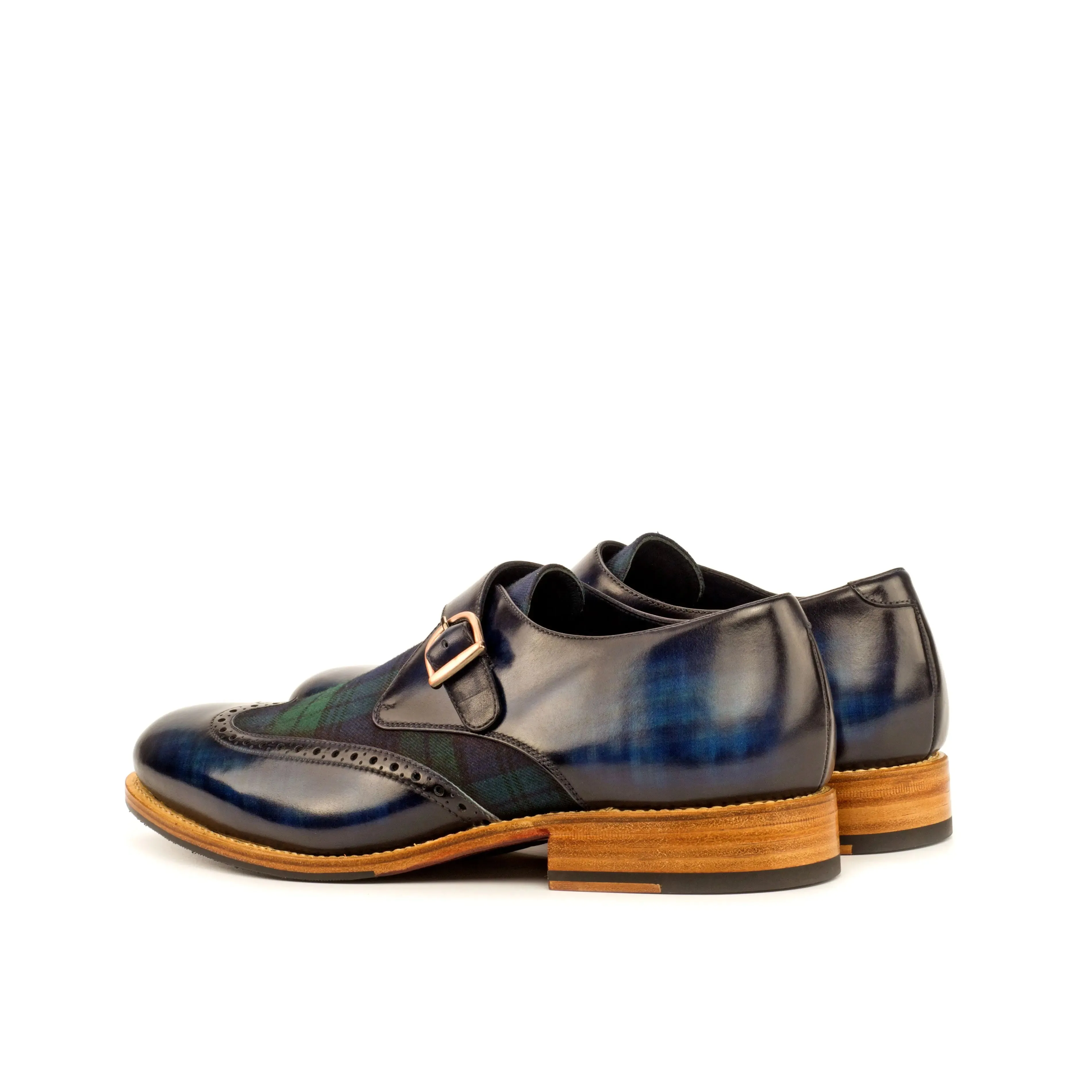 DapperFam Brenno in Blackwatch / Denim Men's Sartorial & Hand-Painted Patina Single Monk