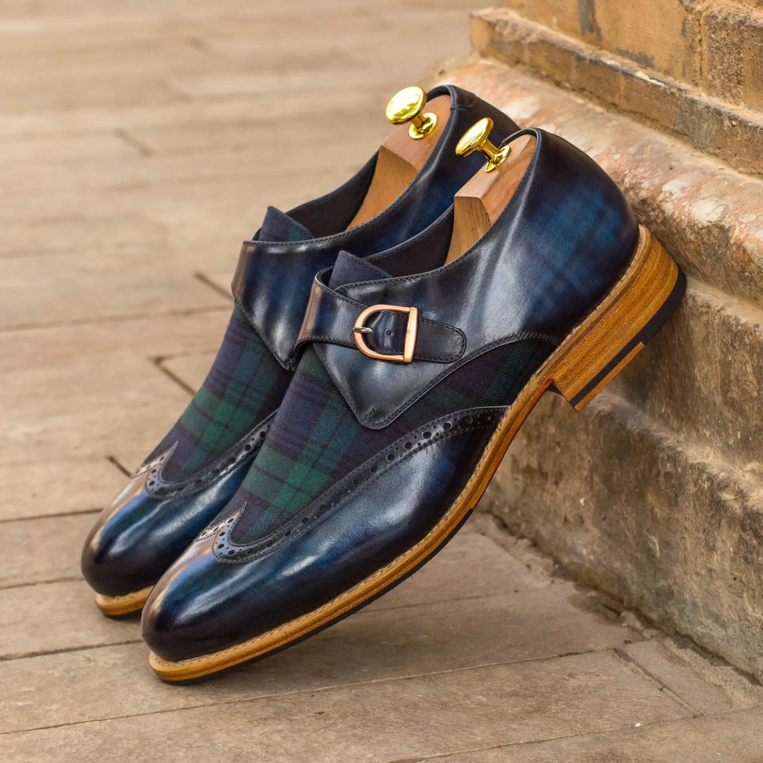 DapperFam Brenno in Blackwatch / Denim Men's Sartorial & Hand-Painted Patina Single Monk