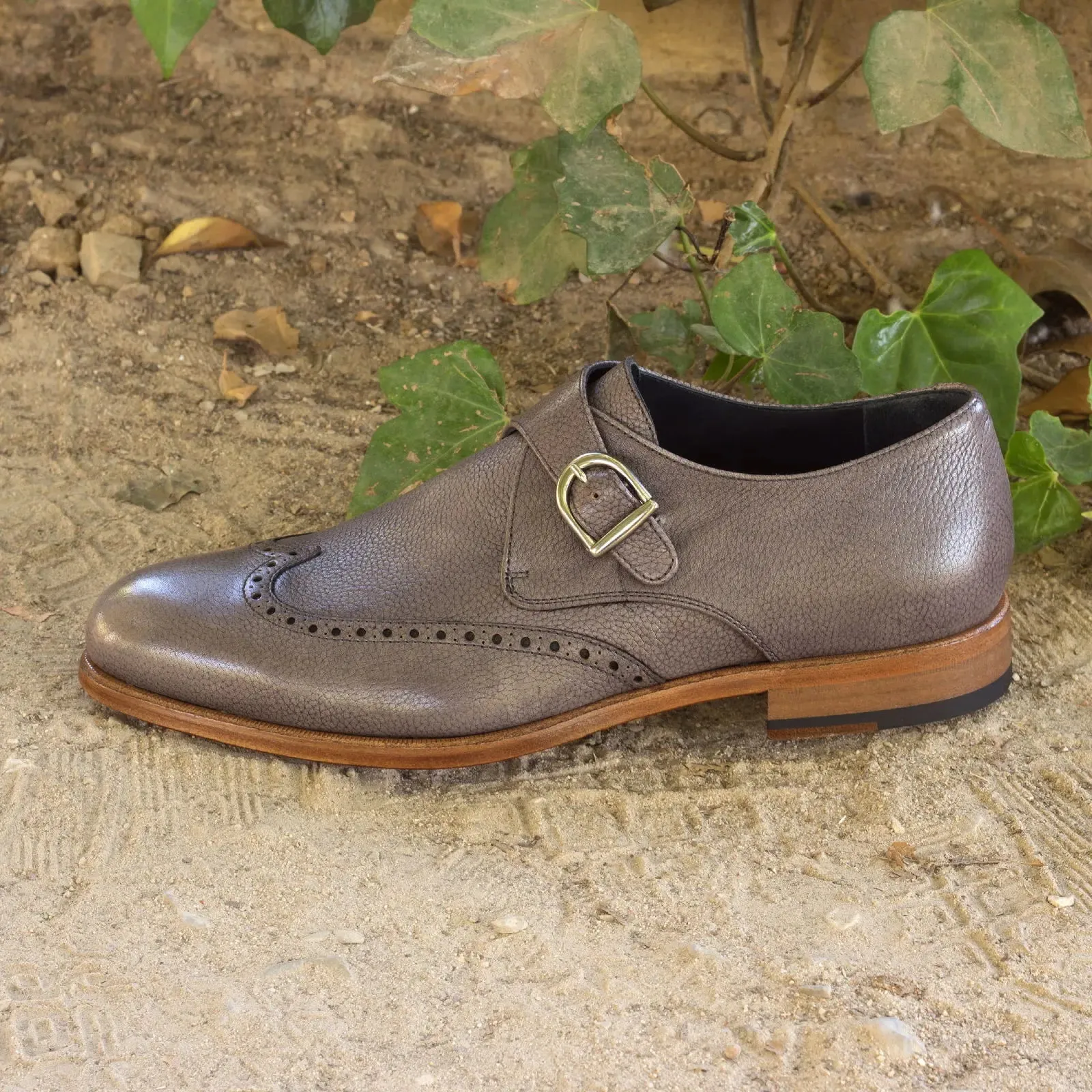 DapperFam Brenno in Grey Men's Italian Full Grain Leather Single Monk