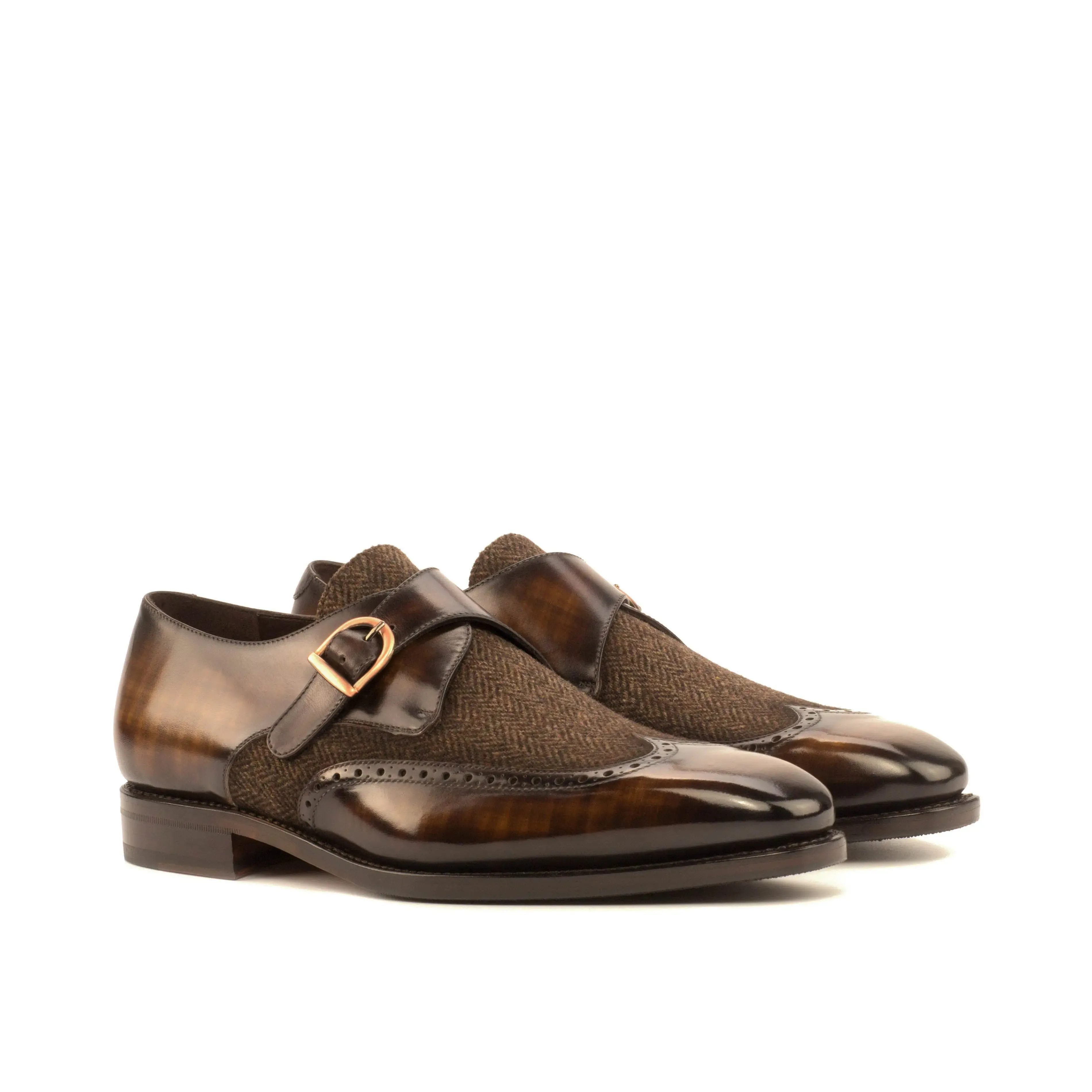 DapperFam Brenno in Herringbone / Brown Men's Sartorial & Hand-Painted Patina Single Monk