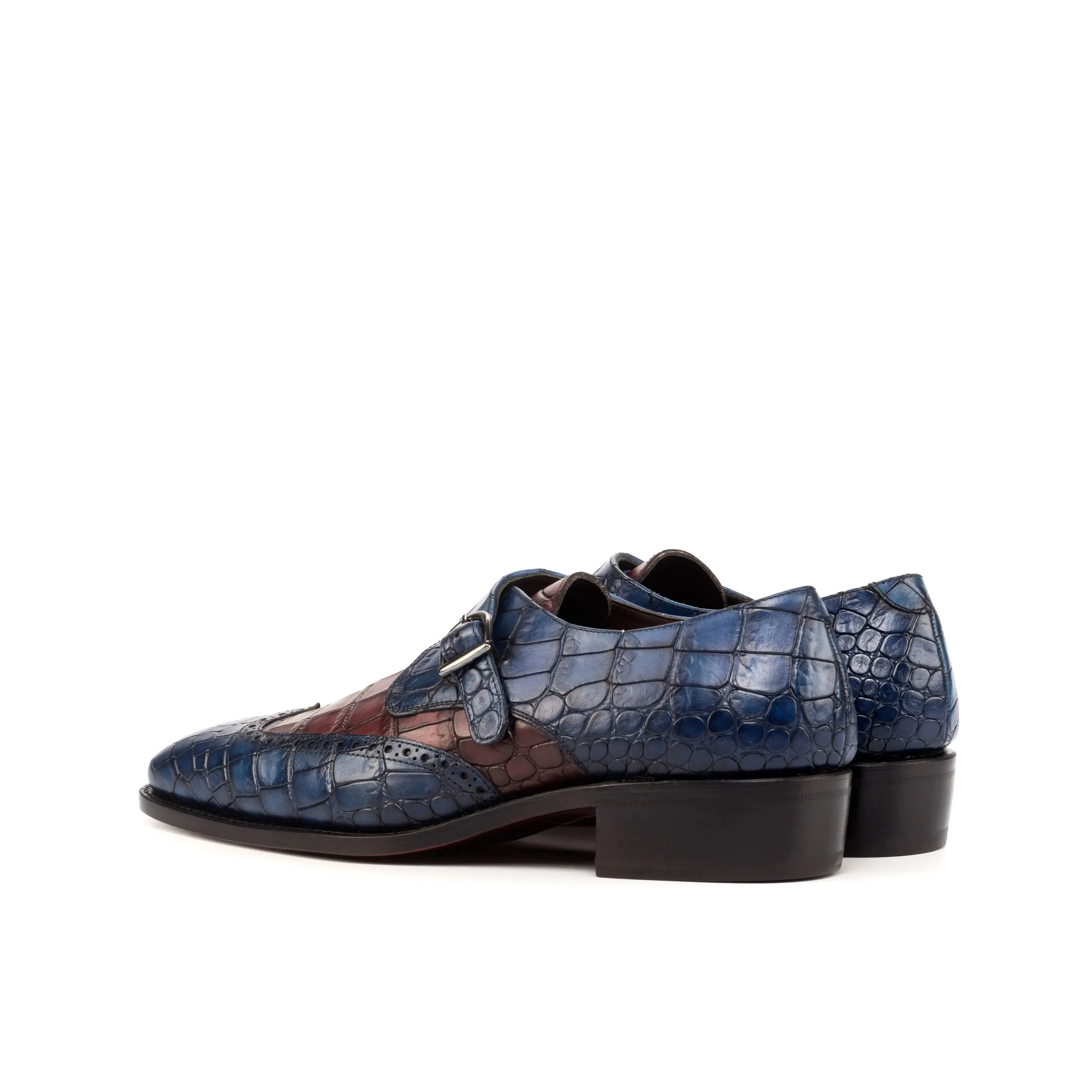 DapperFam Brenno in Navy / Burgundy Men's Italian Croco Embossed Leather Single Monk