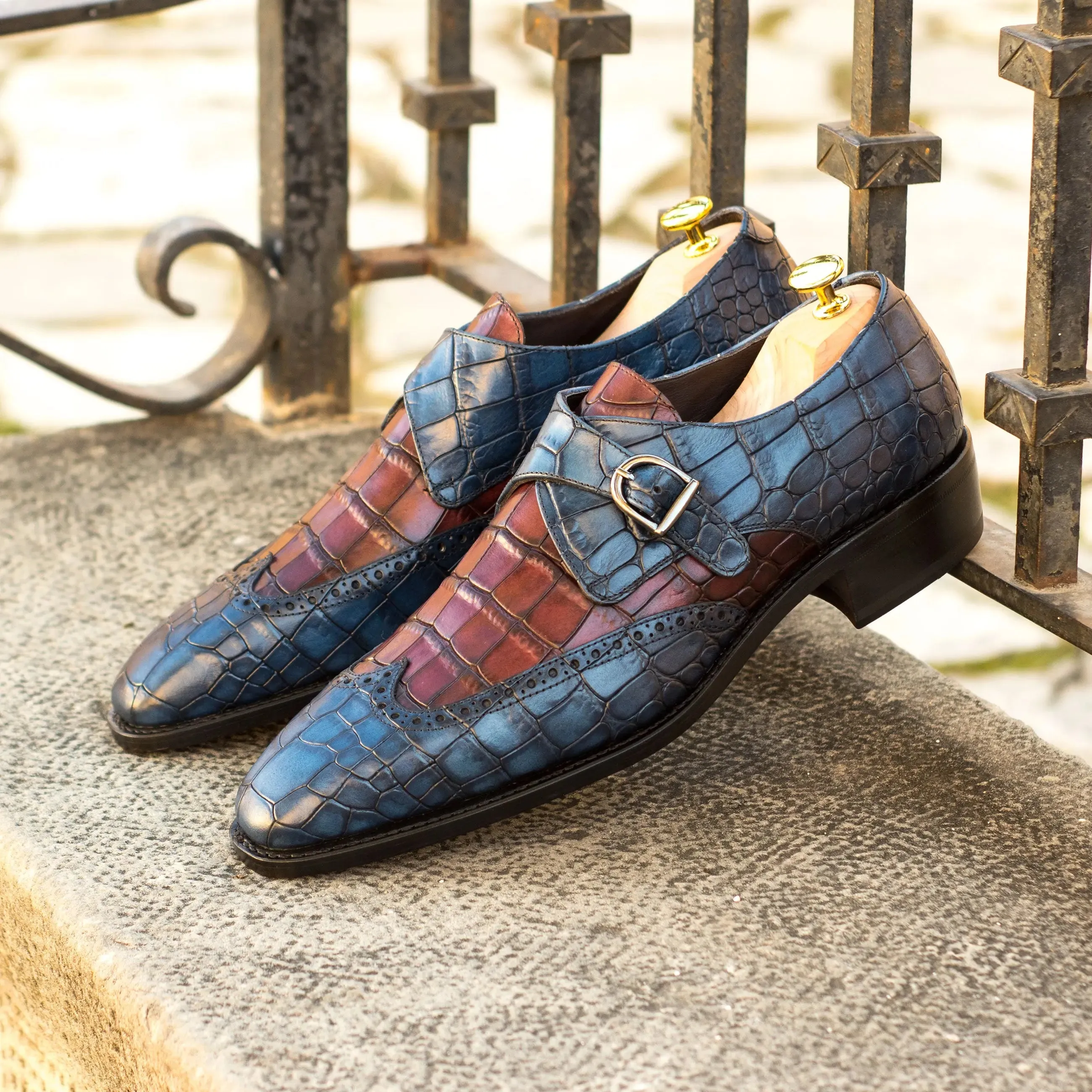 DapperFam Brenno in Navy / Burgundy Men's Italian Croco Embossed Leather Single Monk