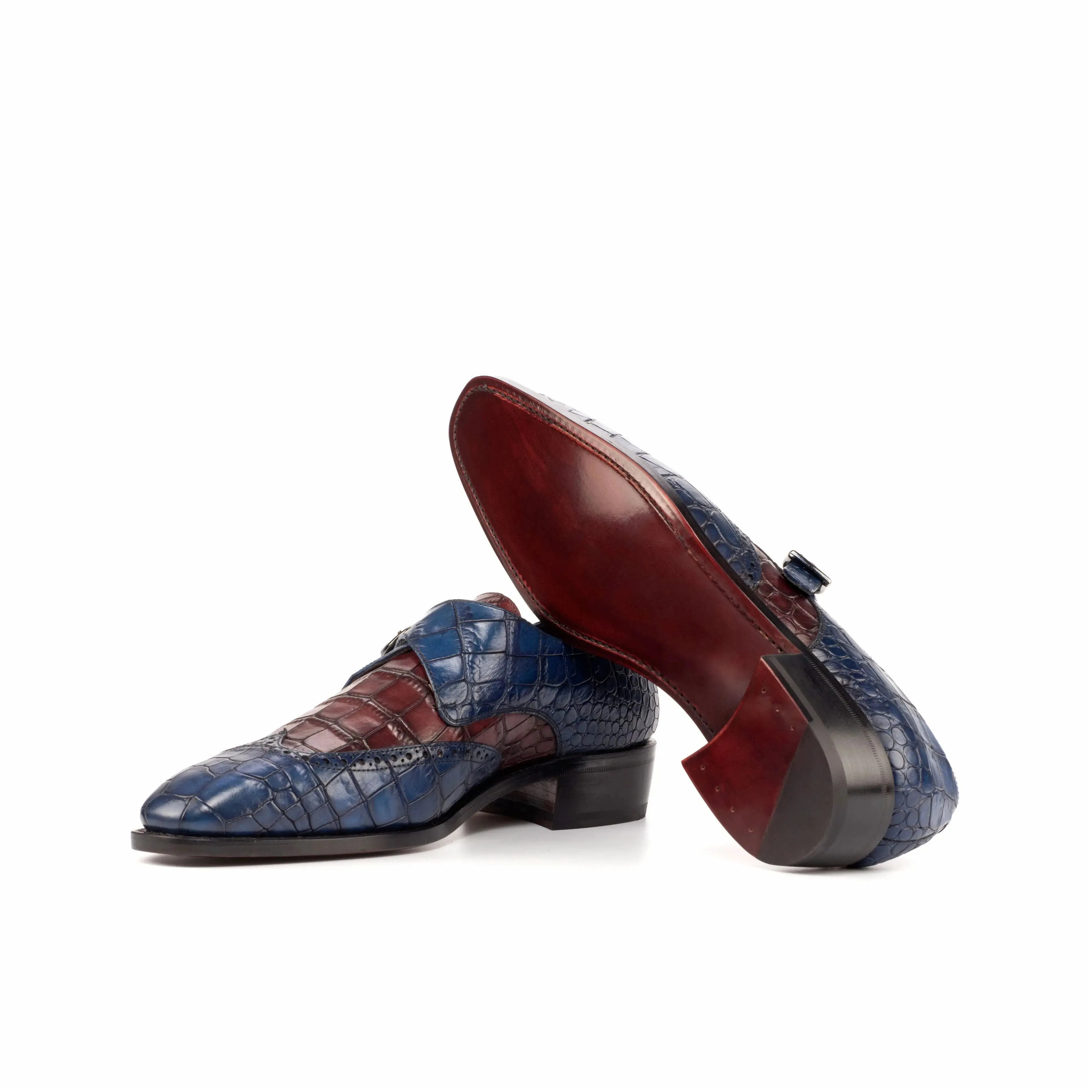 DapperFam Brenno in Navy / Burgundy Men's Italian Croco Embossed Leather Single Monk