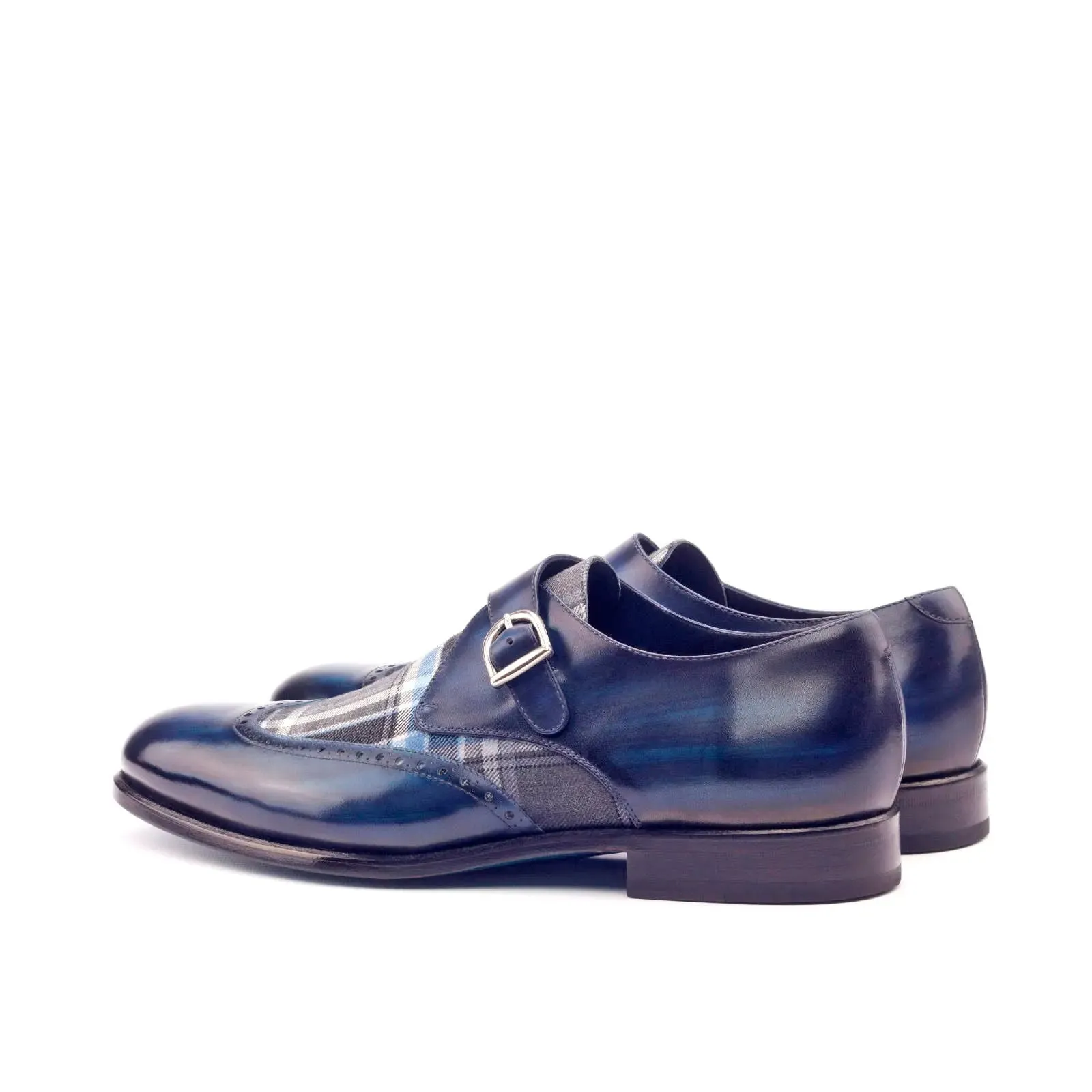 DapperFam Brenno in Plaid / Denim Men's Sartorial & Hand-Painted Patina Single Monk