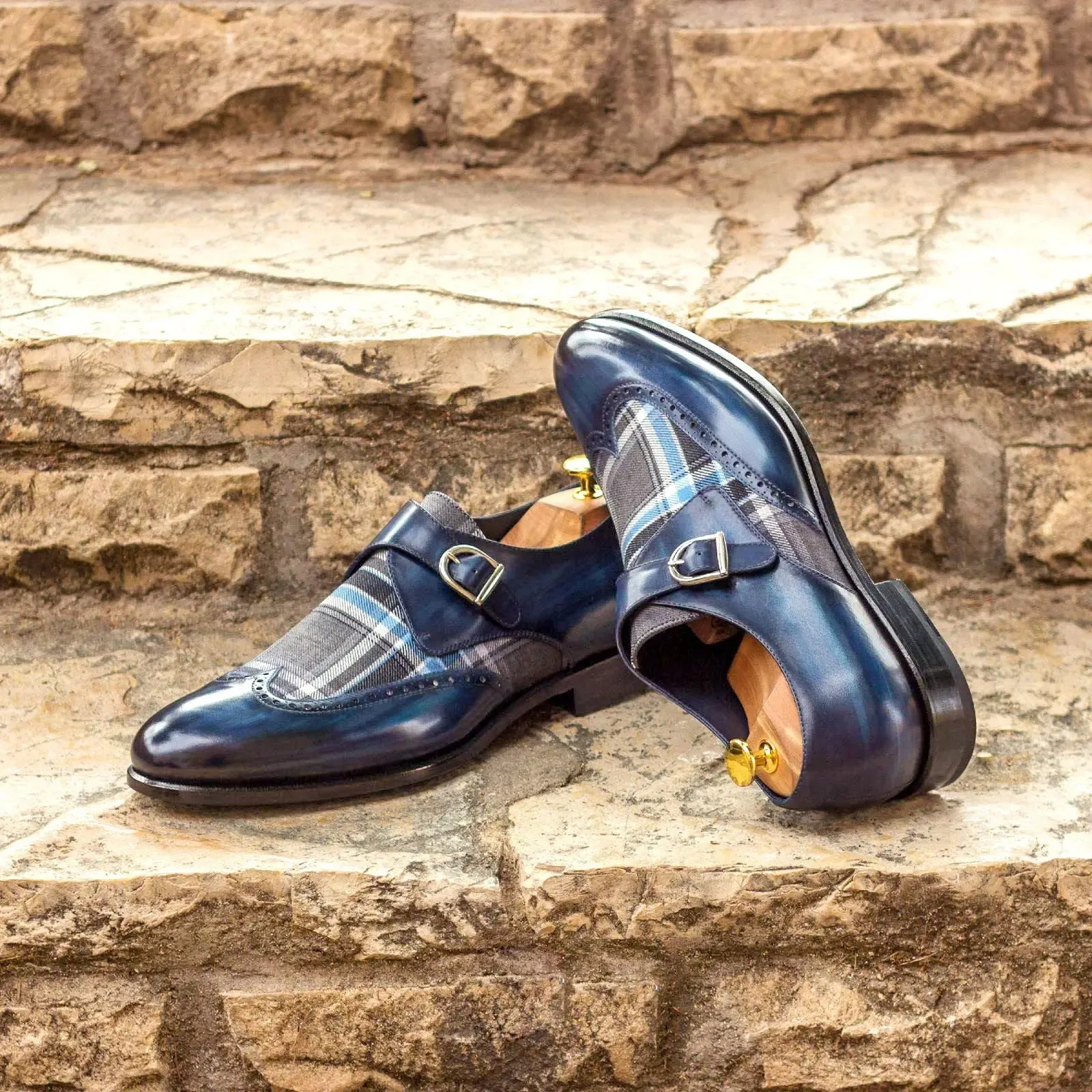 DapperFam Brenno in Plaid / Denim Men's Sartorial & Hand-Painted Patina Single Monk
