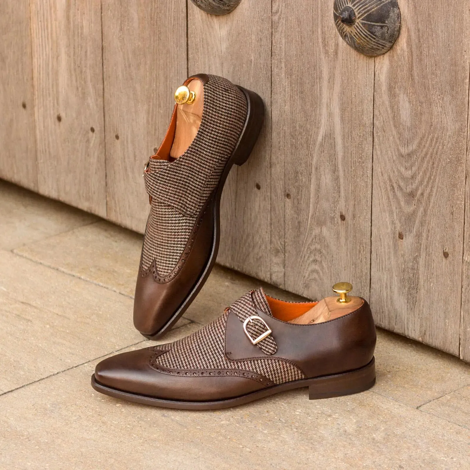 DapperFam Brenno in Tweed / Dark Brown Men's Sartorial & Italian Leather Single Monk