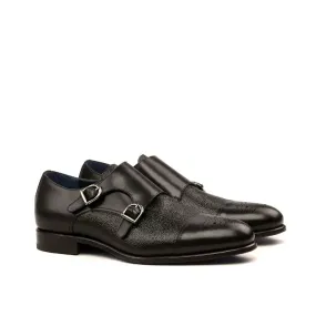 DapperFam Monaco in Black Men's Italian Leather & Italian Pebble Grain Leather Double Monk