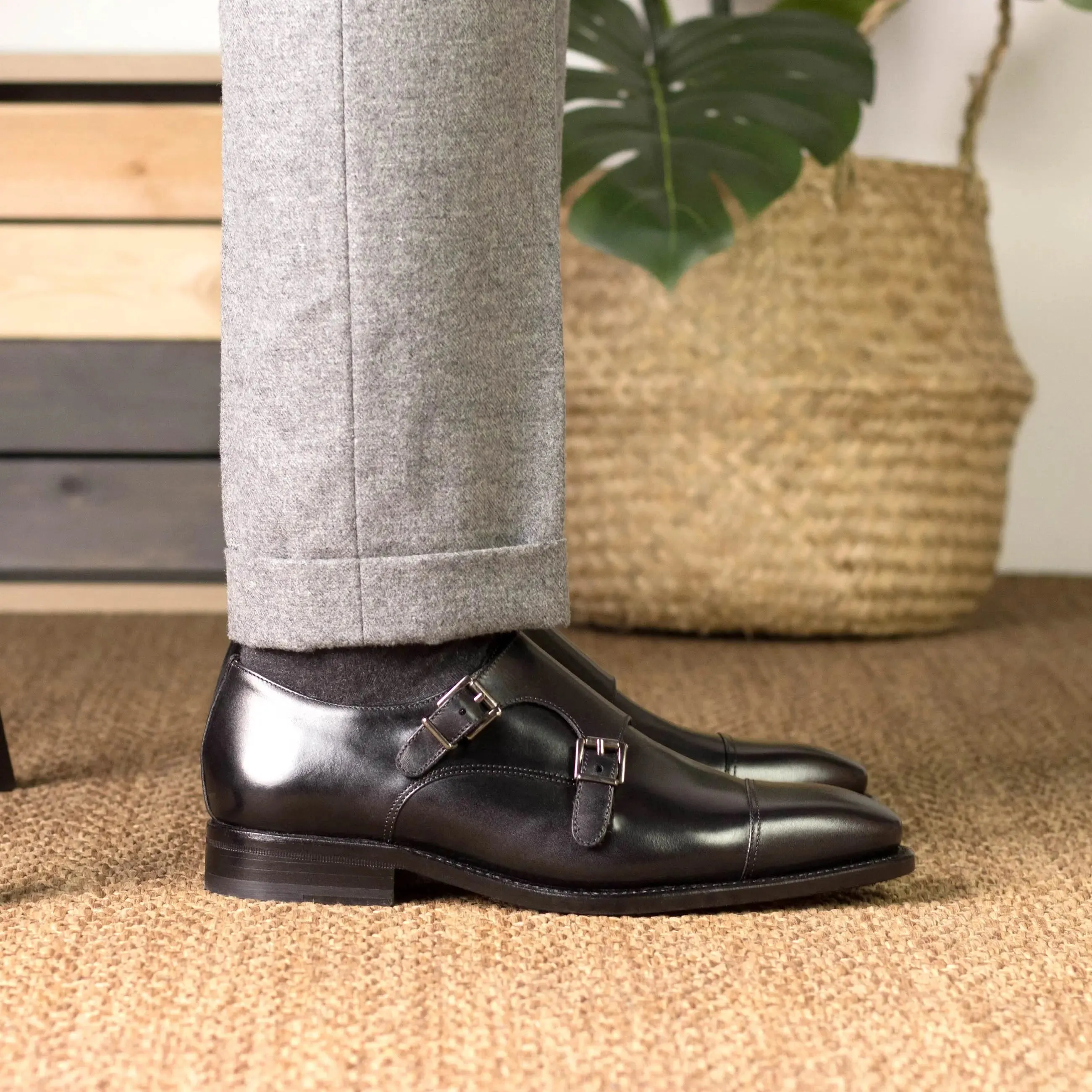 DapperFam Monaco in Black Men's Italian Leather Double Monk