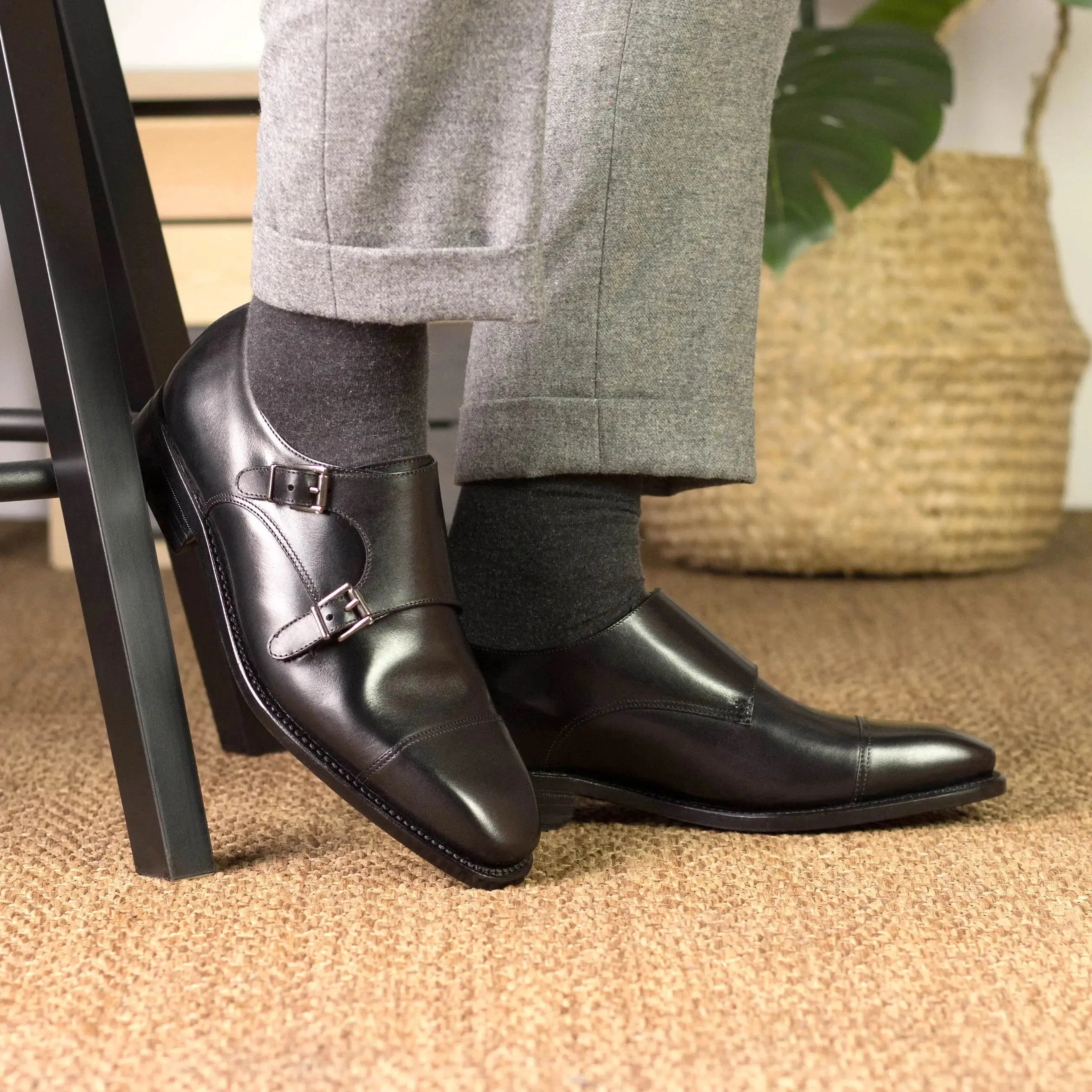 DapperFam Monaco in Black Men's Italian Leather Double Monk