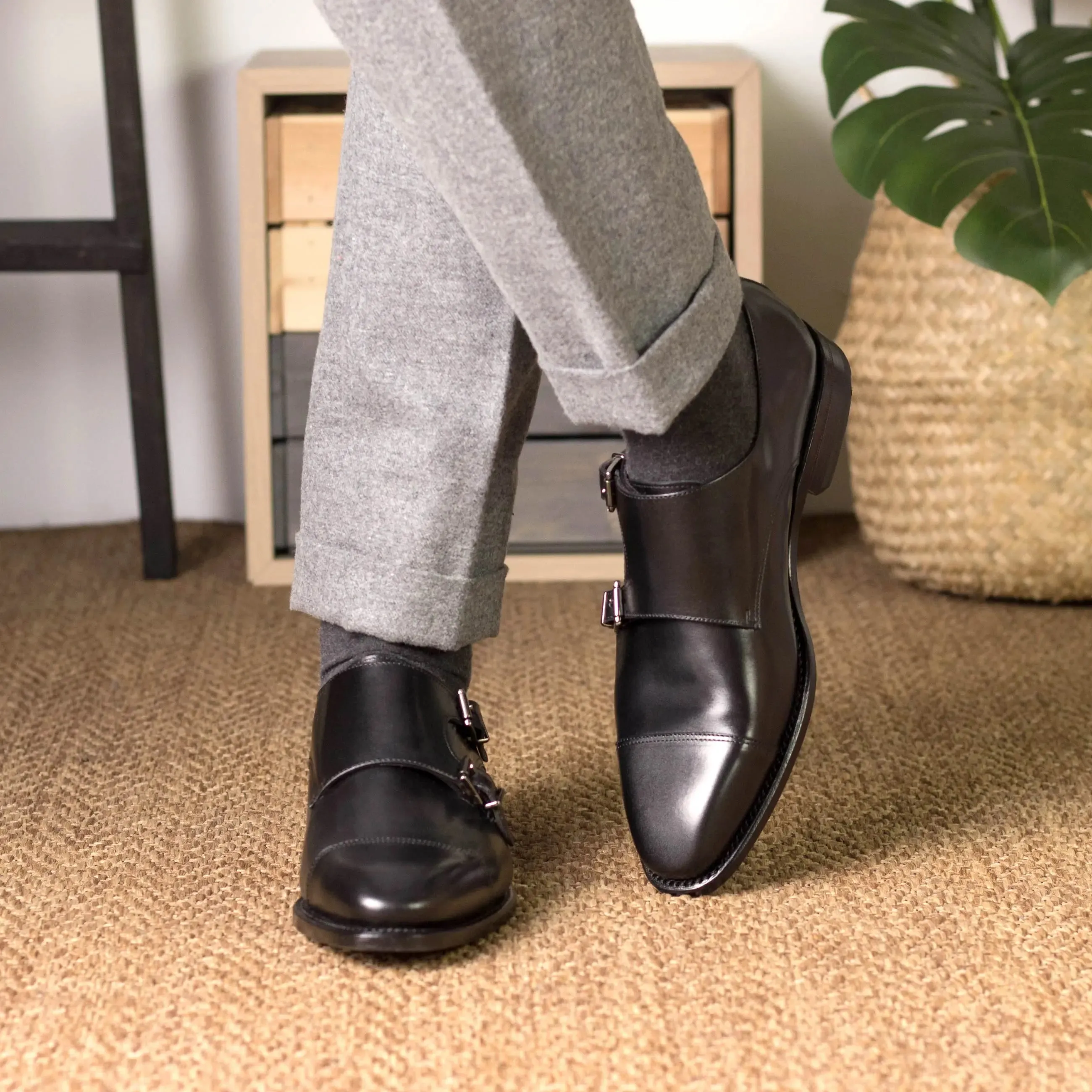 DapperFam Monaco in Black Men's Italian Leather Double Monk