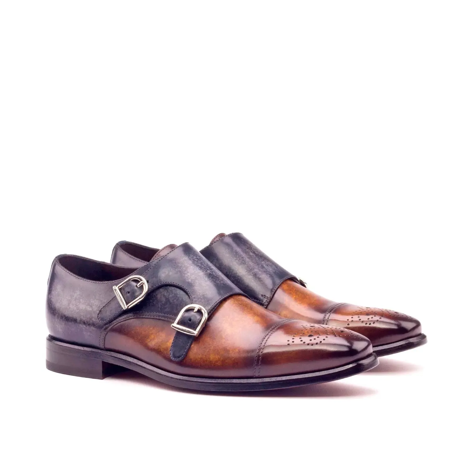 DapperFam Monaco in Cognac / Grey / Denim Men's Hand-Painted Patina Double Monk