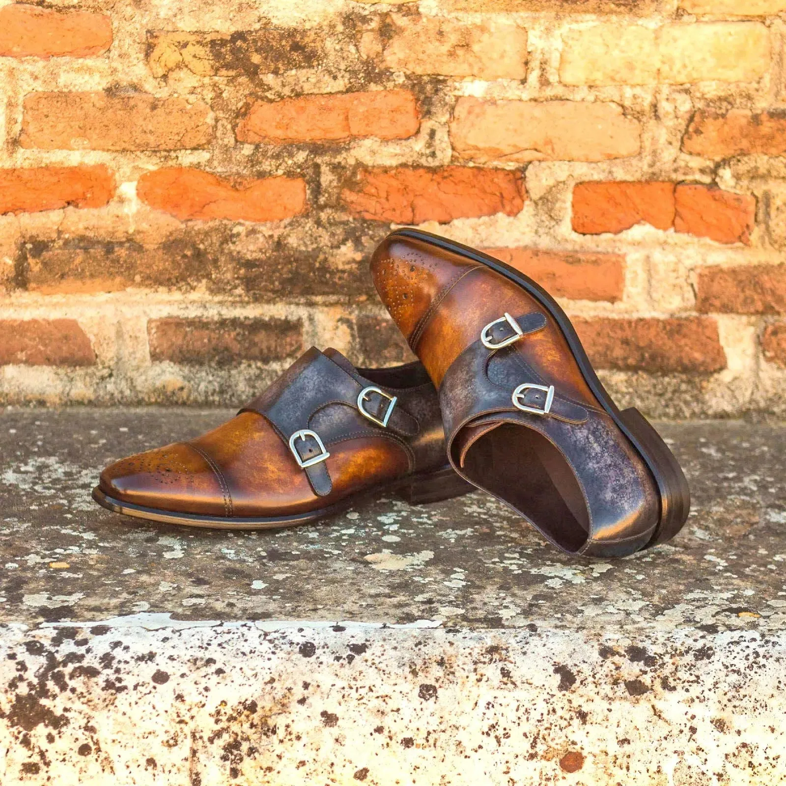 DapperFam Monaco in Cognac / Grey / Denim Men's Hand-Painted Patina Double Monk
