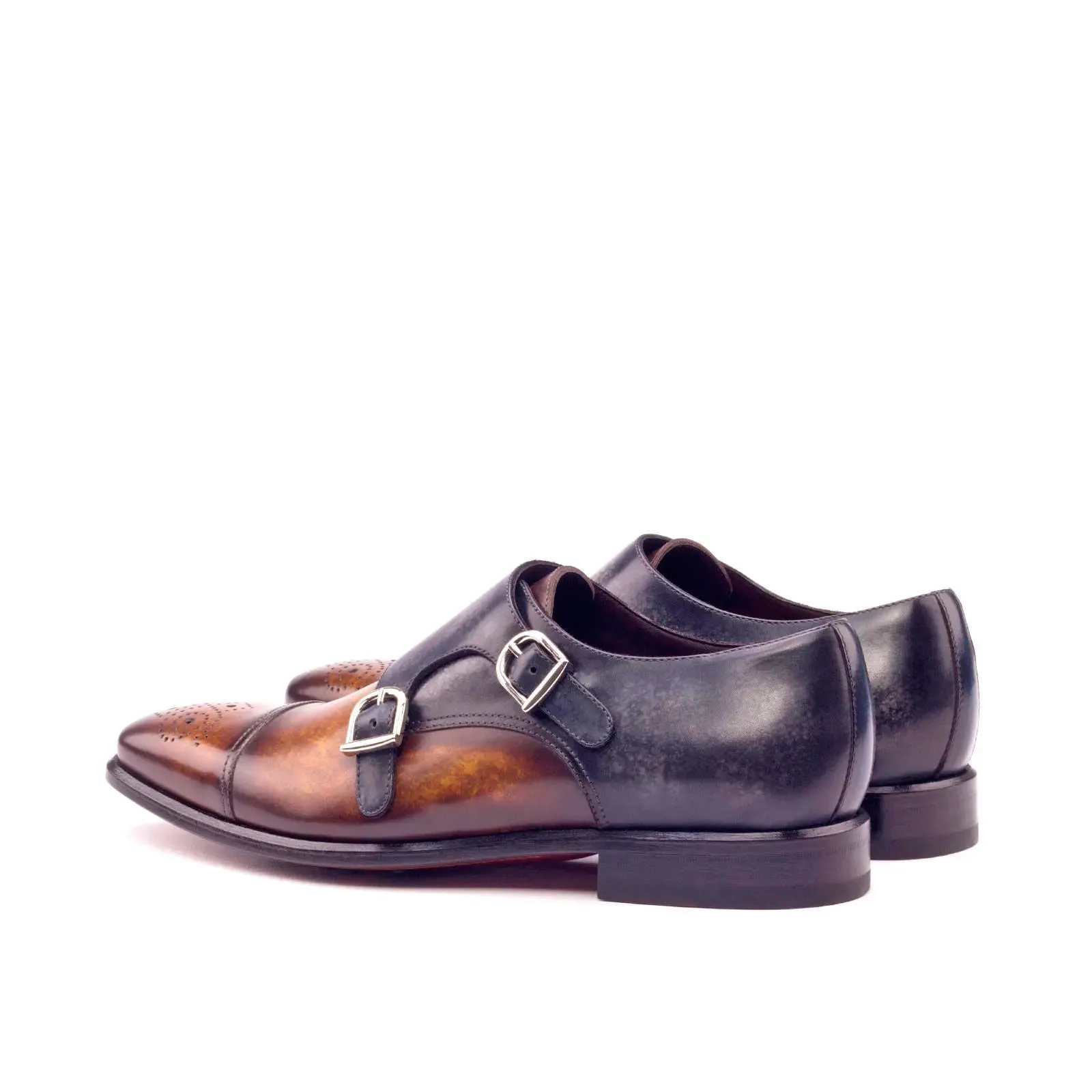 DapperFam Monaco in Cognac / Grey / Denim Men's Hand-Painted Patina Double Monk