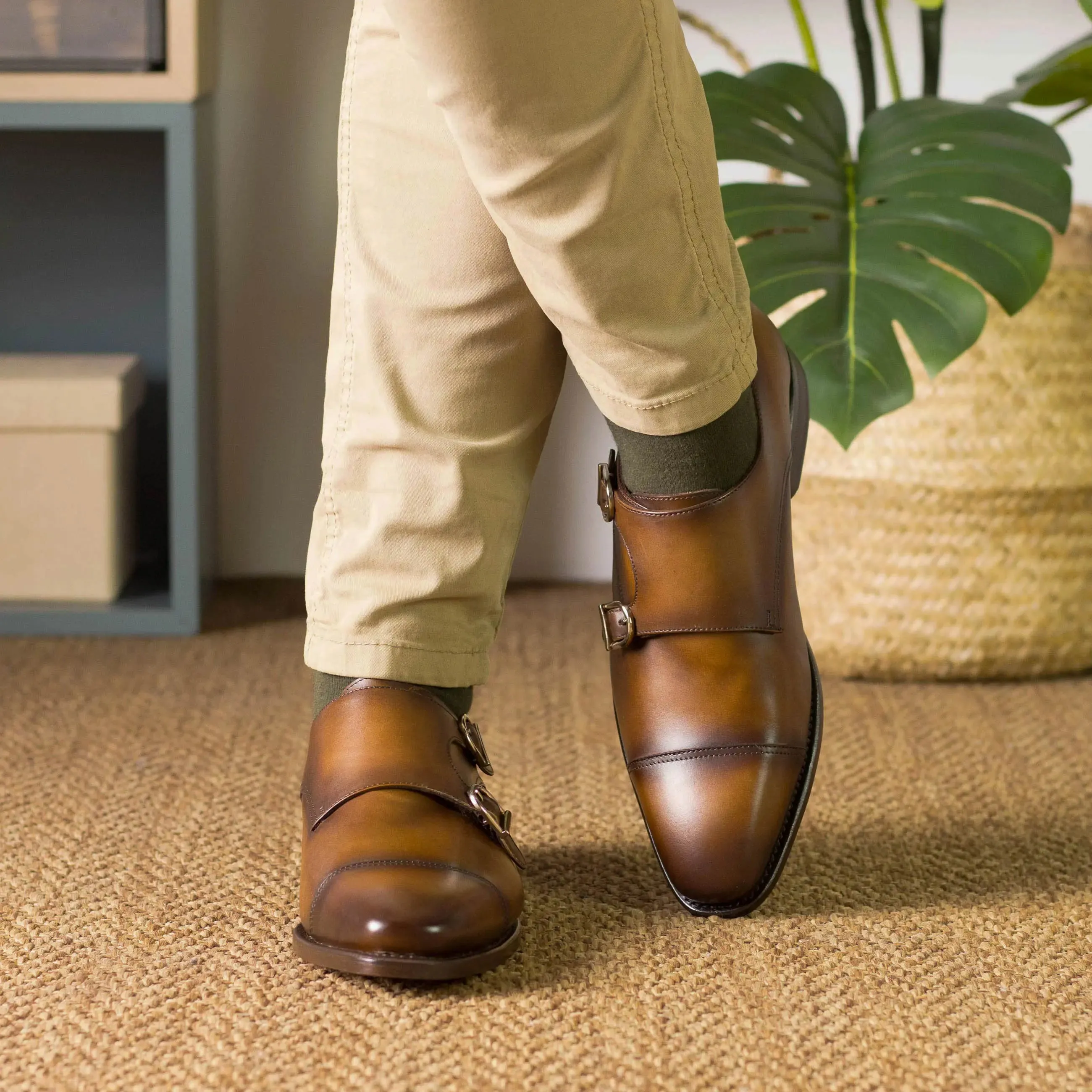 DapperFam Monaco in Cognac Men's Italian Leather Double Monk