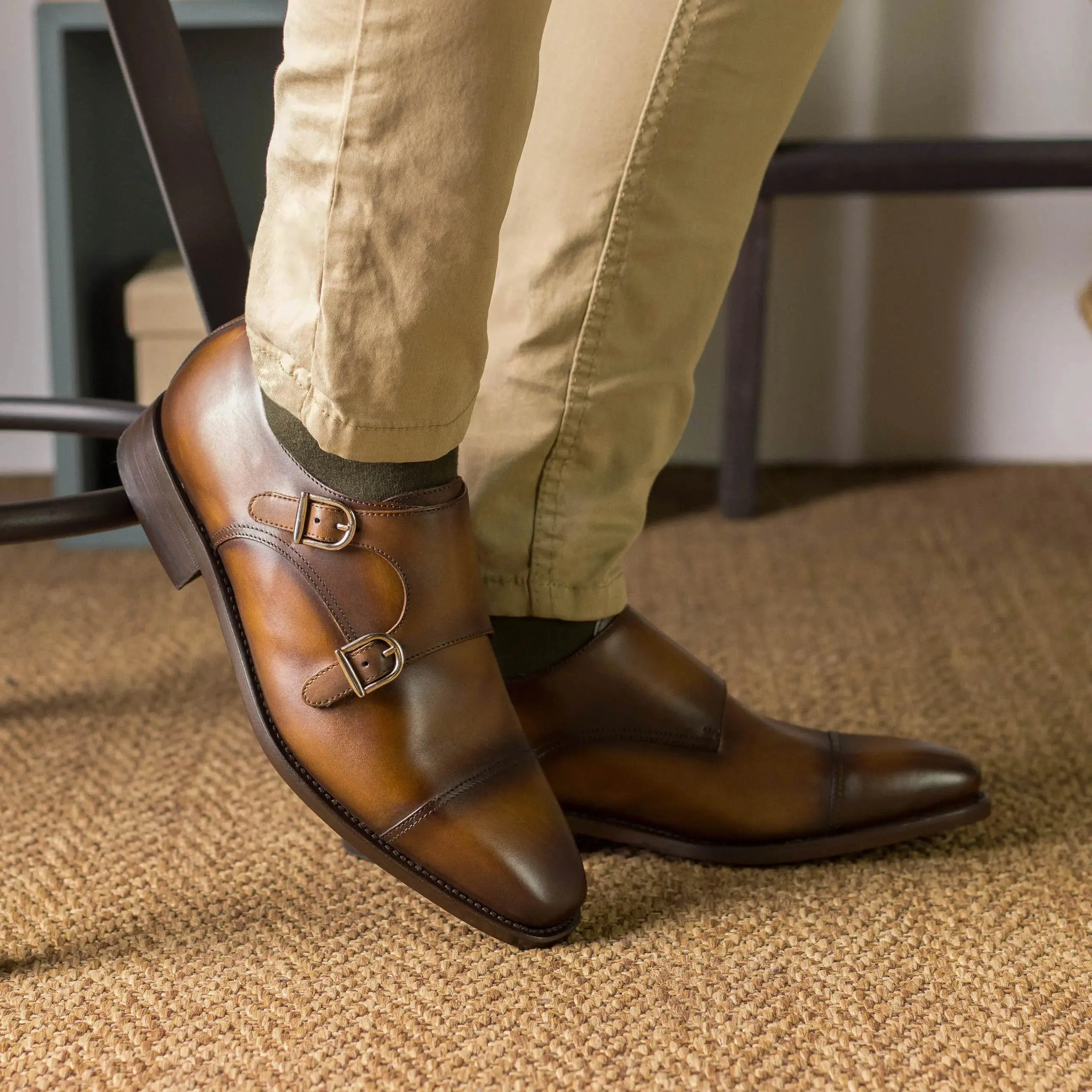DapperFam Monaco in Cognac Men's Italian Leather Double Monk