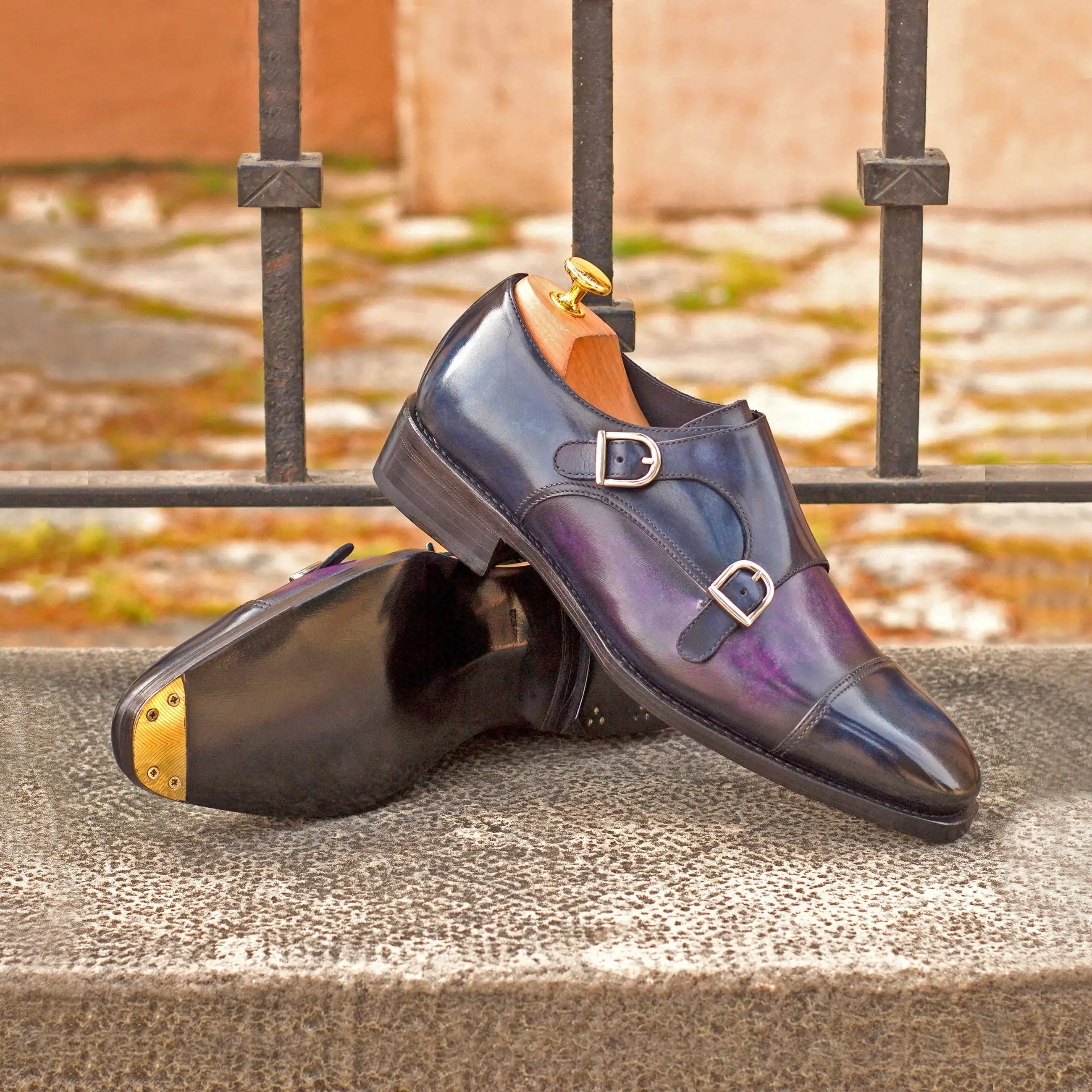 DapperFam Monaco in Denim / Purple Men's Hand-Painted Patina Double Monk