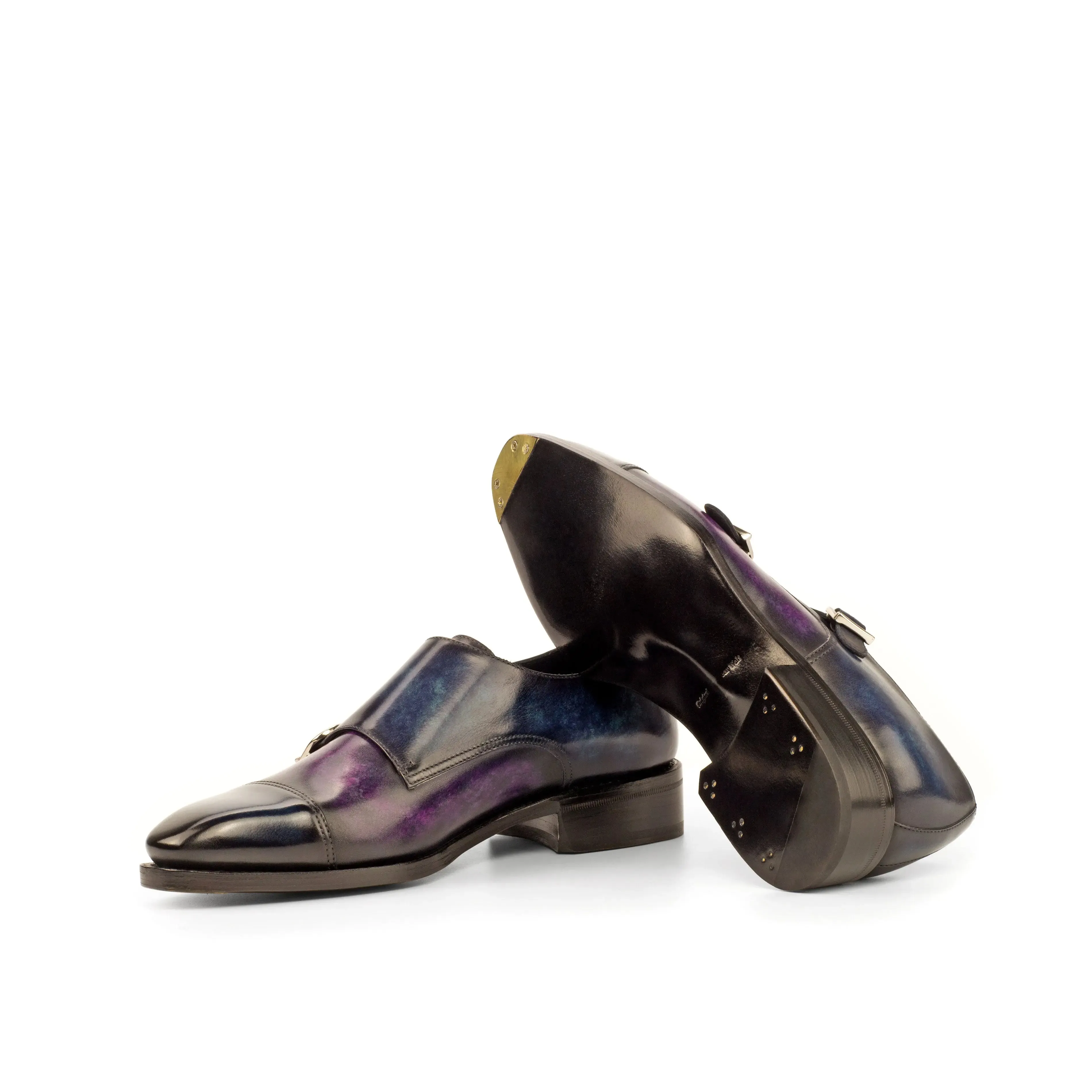 DapperFam Monaco in Denim / Purple Men's Hand-Painted Patina Double Monk