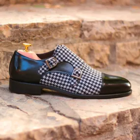 DapperFam Monaco in Houndstooth / Black Men's Sartorial & Italian Leather Double Monk