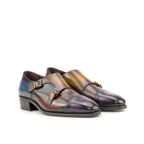 DapperFam Monaco in Purple / Burgundy / Denim / Cognac Men's Hand-Painted Patina Double Monk