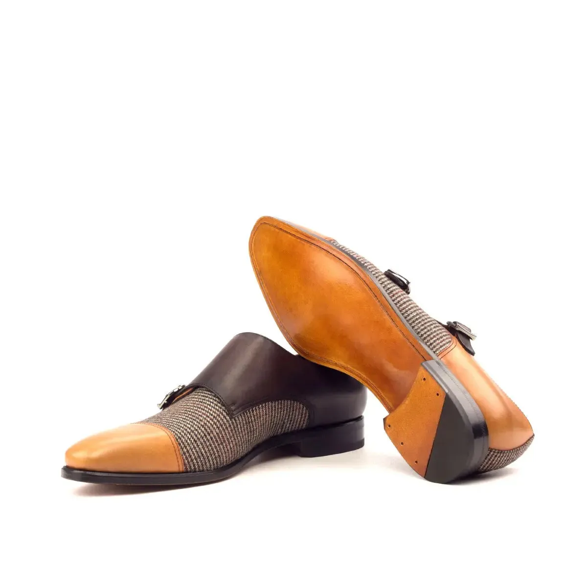 DapperFam Monaco in Tweed / Cognac / Dark Brown Men's Sartorial & Italian Leather Double Monk