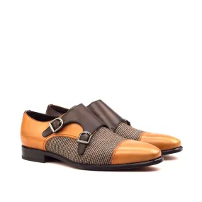 DapperFam Monaco in Tweed / Cognac / Dark Brown Men's Sartorial & Italian Leather Double Monk