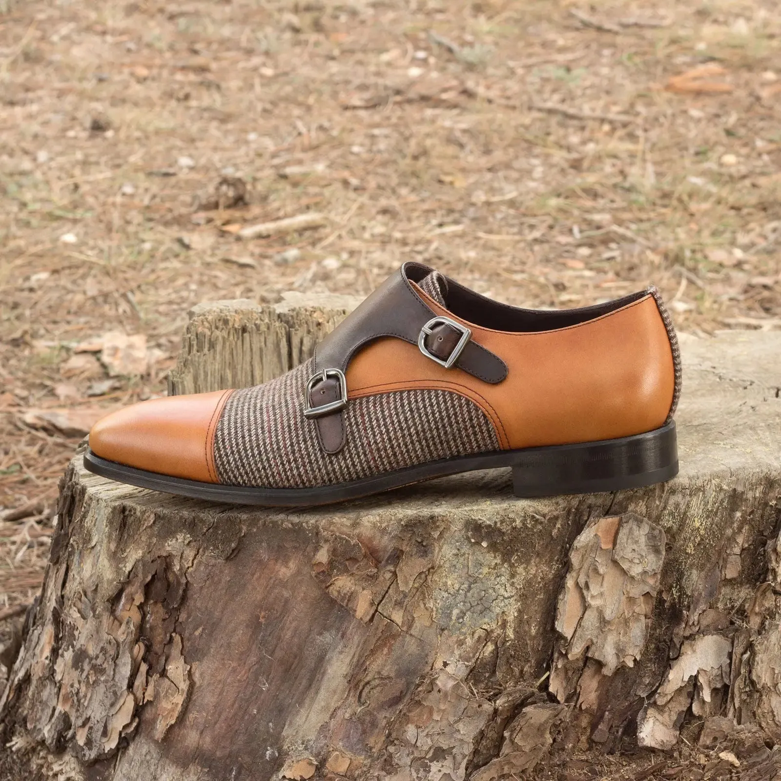 DapperFam Monaco in Tweed / Cognac / Dark Brown Men's Sartorial & Italian Leather Double Monk