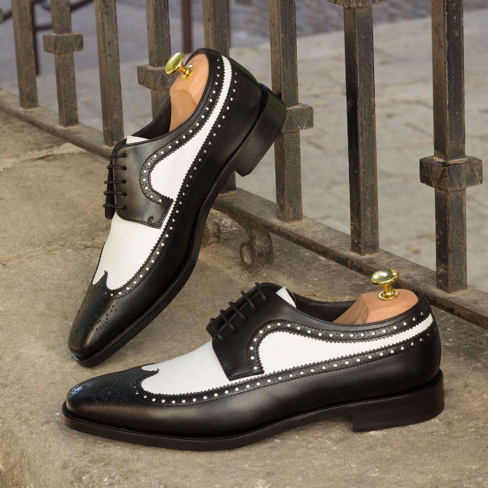 DapperFam Zephyr in Black / White Men's Italian Leather Longwing Blucher