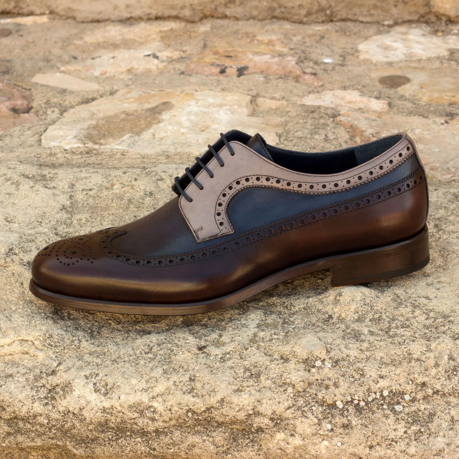 DapperFam Zephyr in Grey / Dark Brown / Navy Men's Italian Leather Longwing Blucher