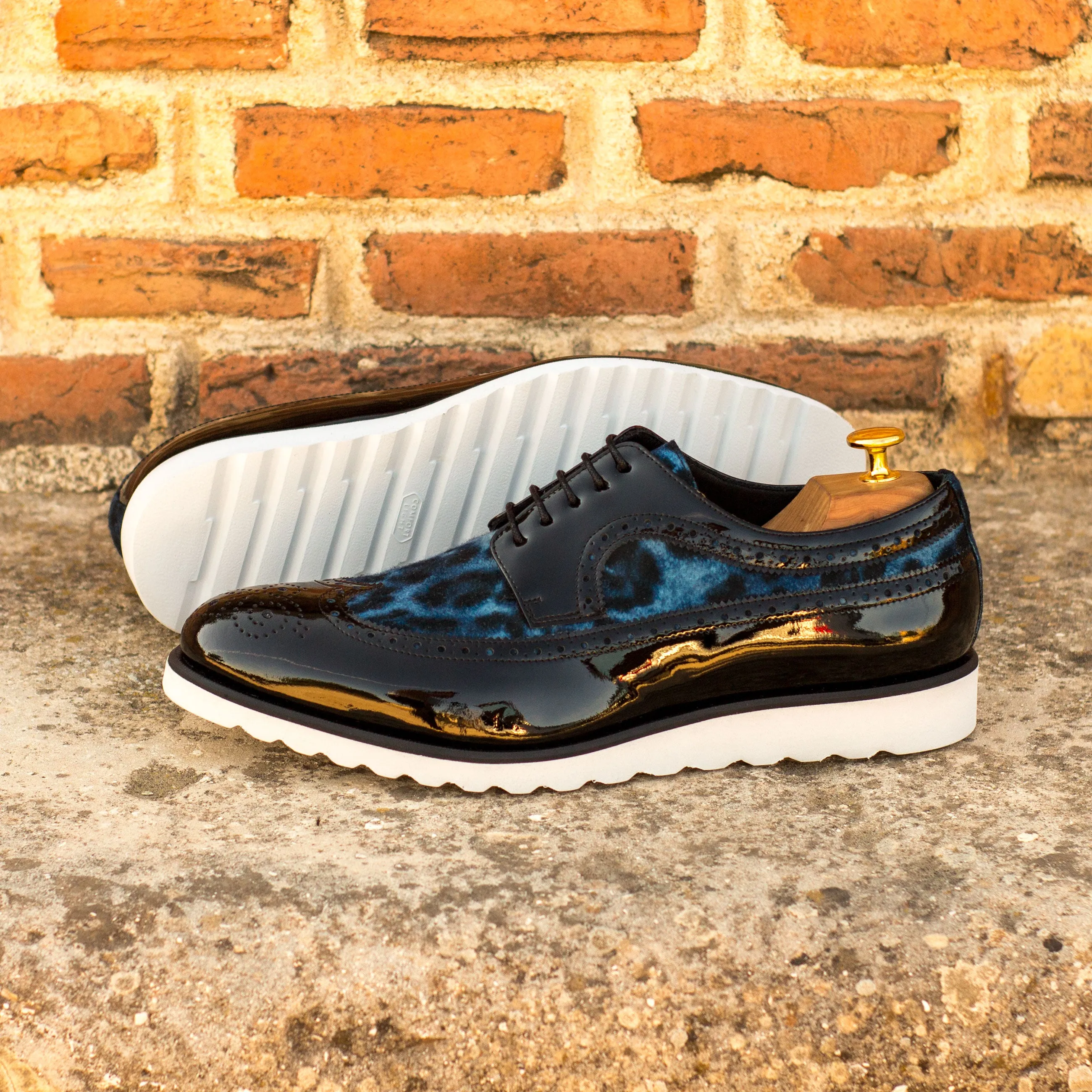 DapperFam Zephyr in Leopard / Black Men's Sartorial & Italian Patent Leather Longwing Blucher