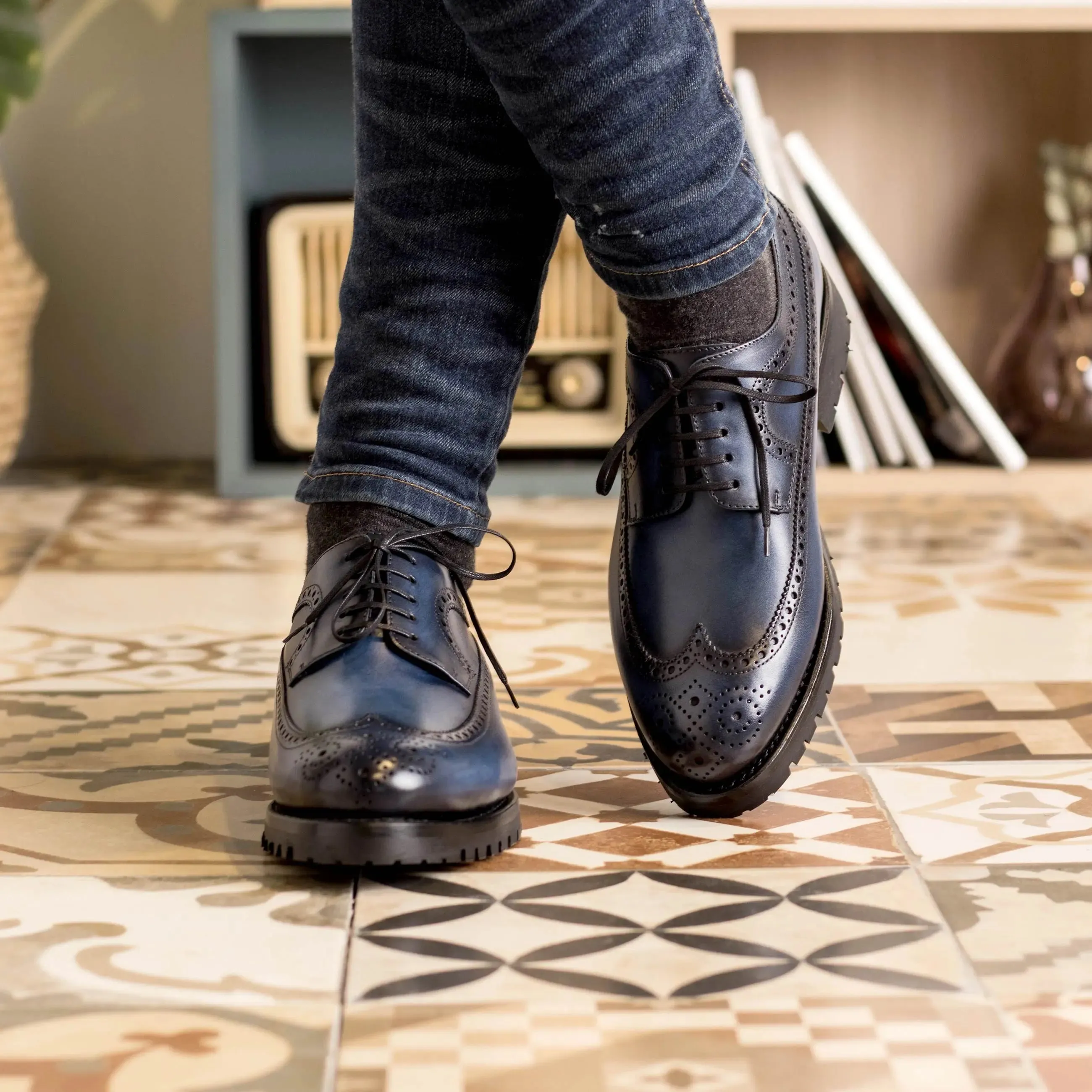 DapperFam Zephyr in Navy Men's Italian Leather Longwing Blucher