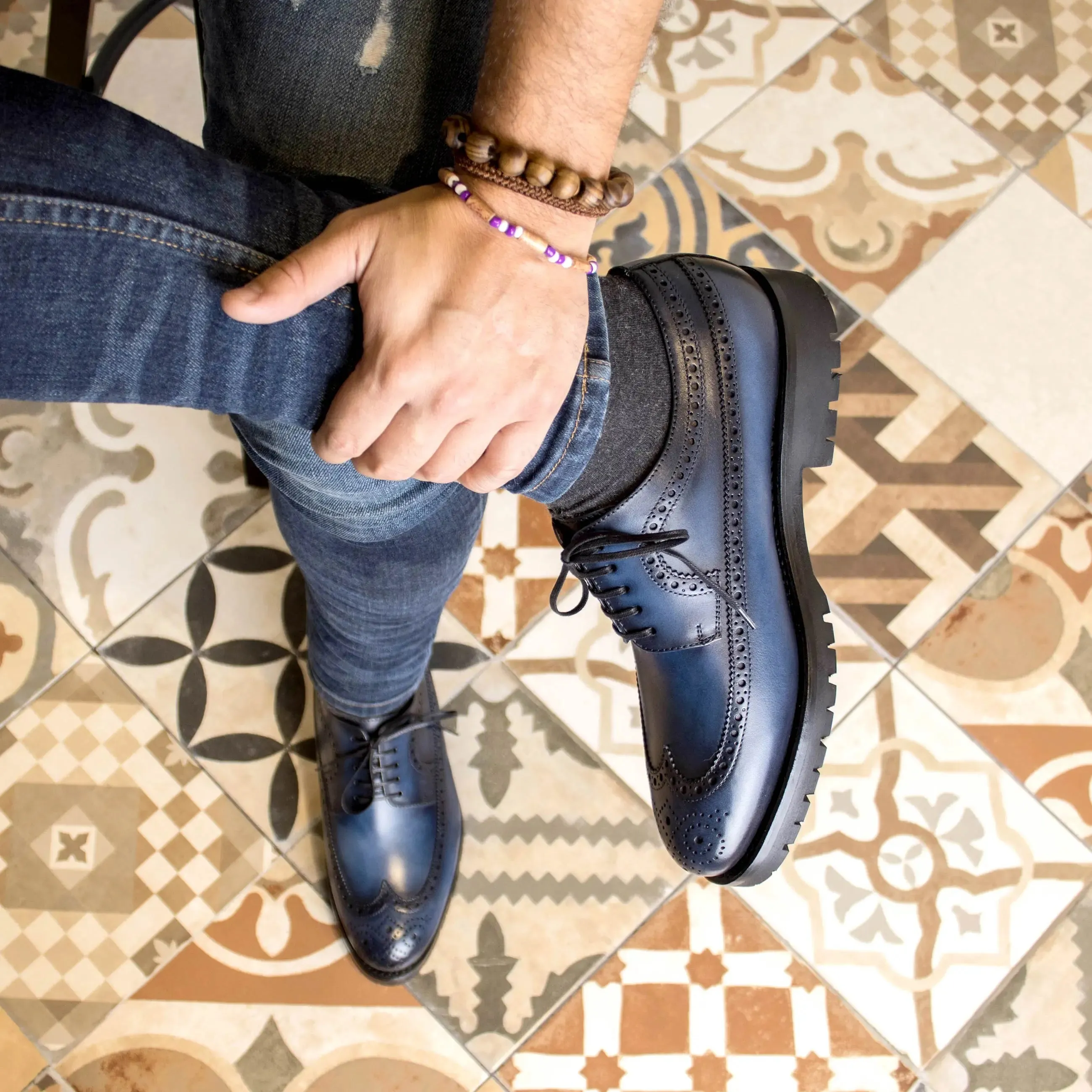 DapperFam Zephyr in Navy Men's Italian Leather Longwing Blucher