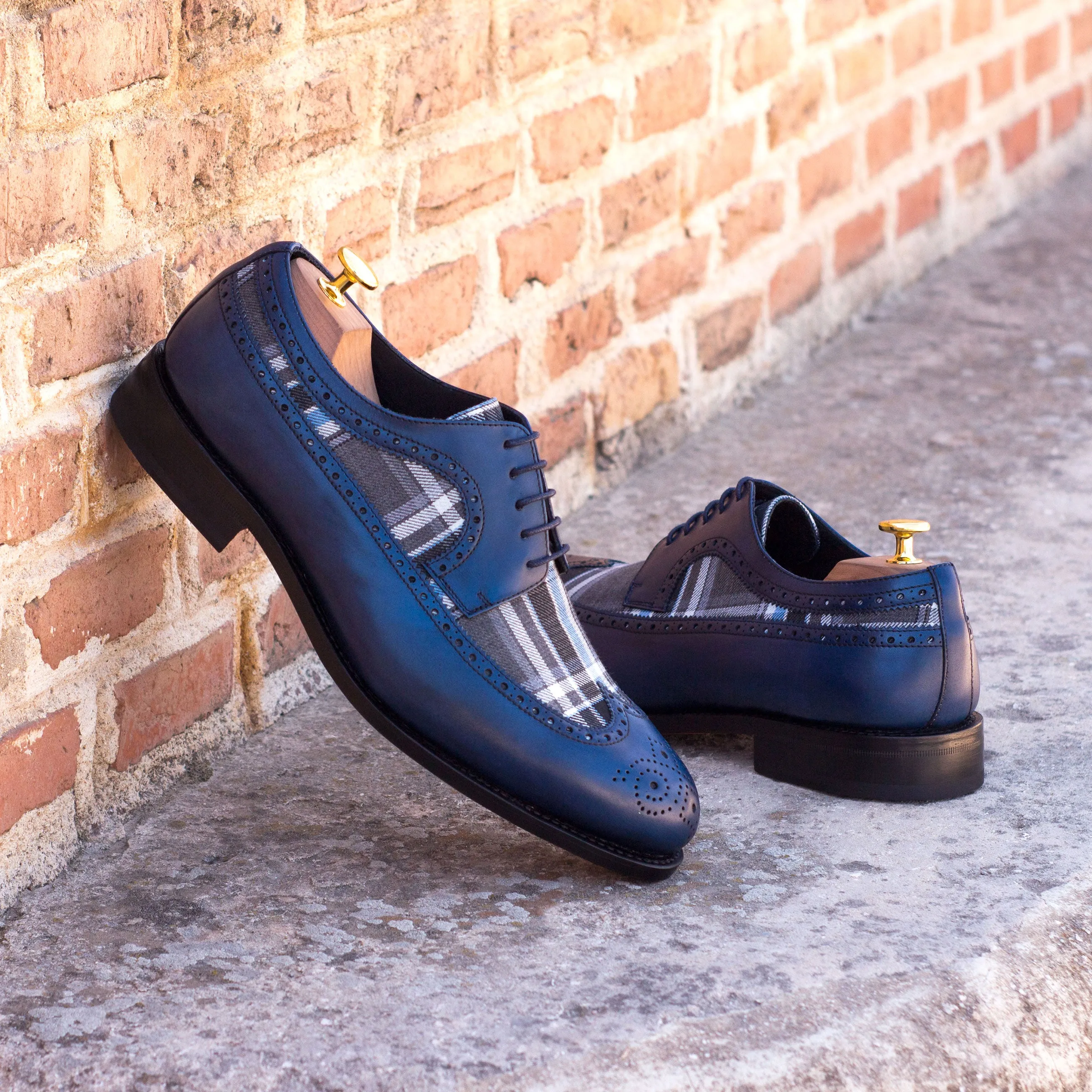 DapperFam Zephyr in Plaid / Navy Men's Sartorial & Italian Leather Longwing Blucher